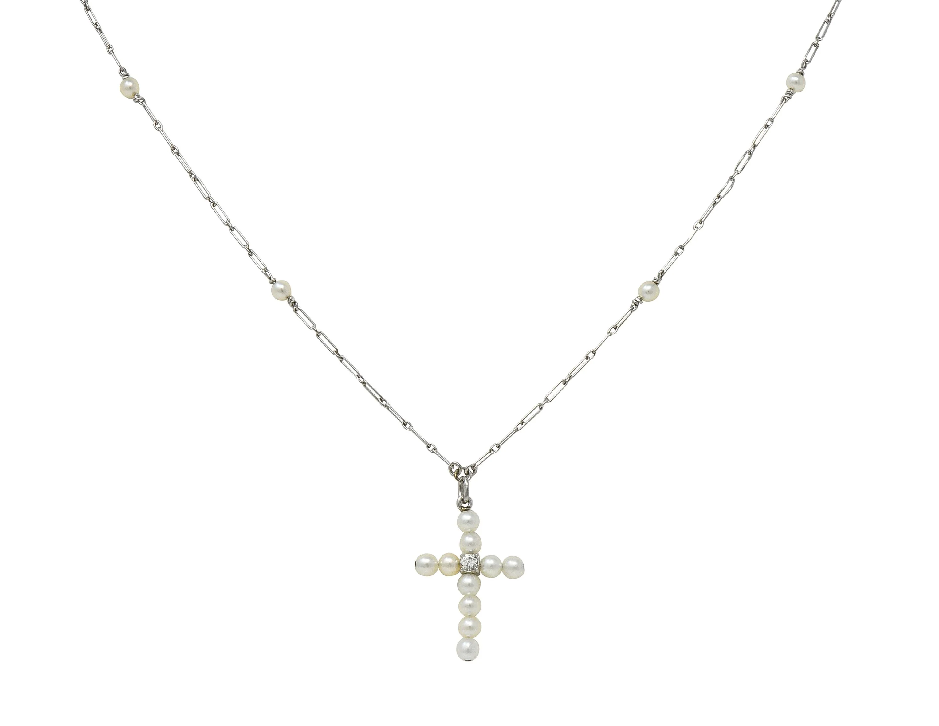 Edwardian Diamond Pearl Platinum Antique Cross Pendant Station Necklace