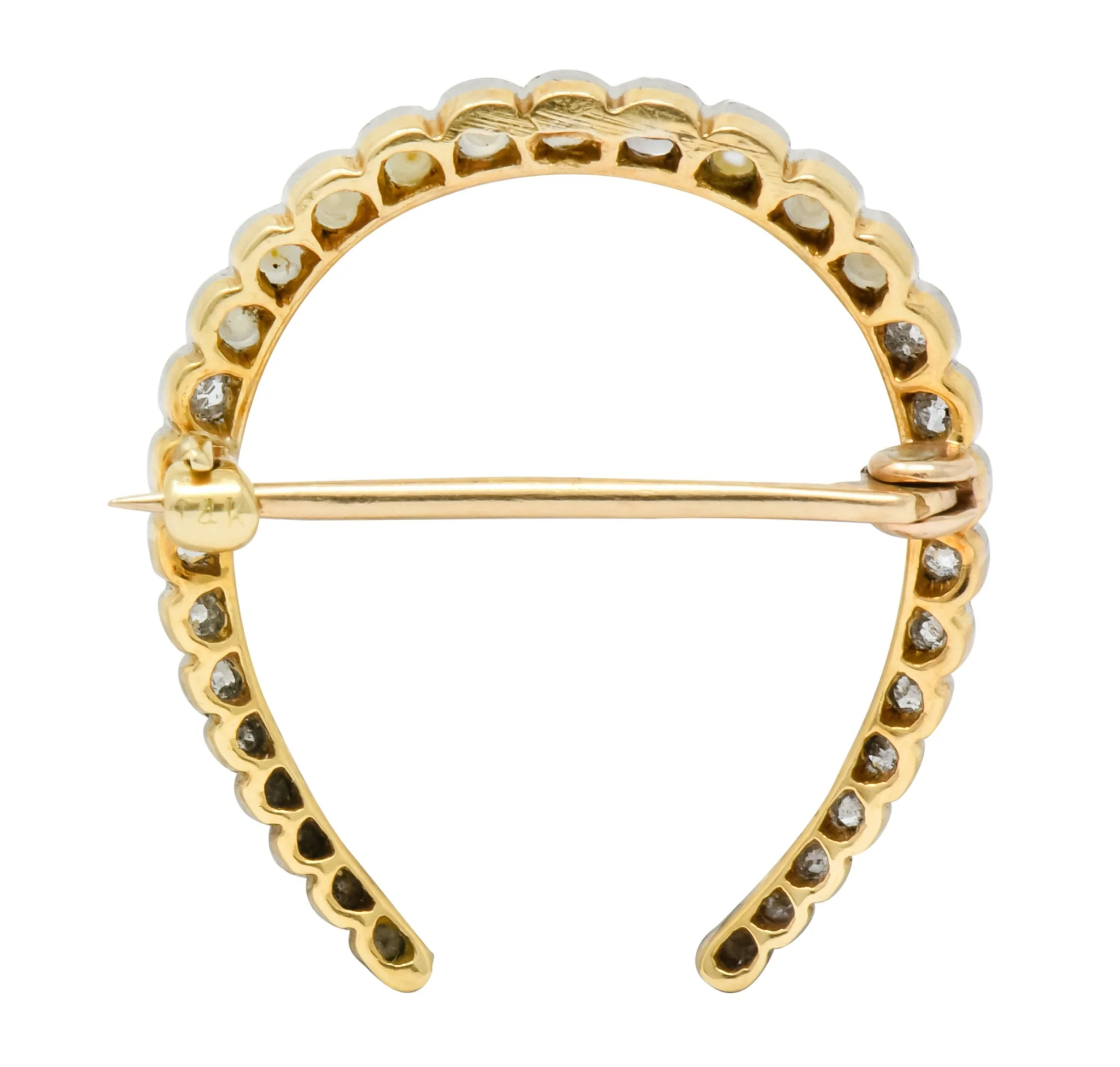 Edwardian Diamond Pearl Platinum-Topped 14 Karat Gold Horseshoe Brooch - Image 4