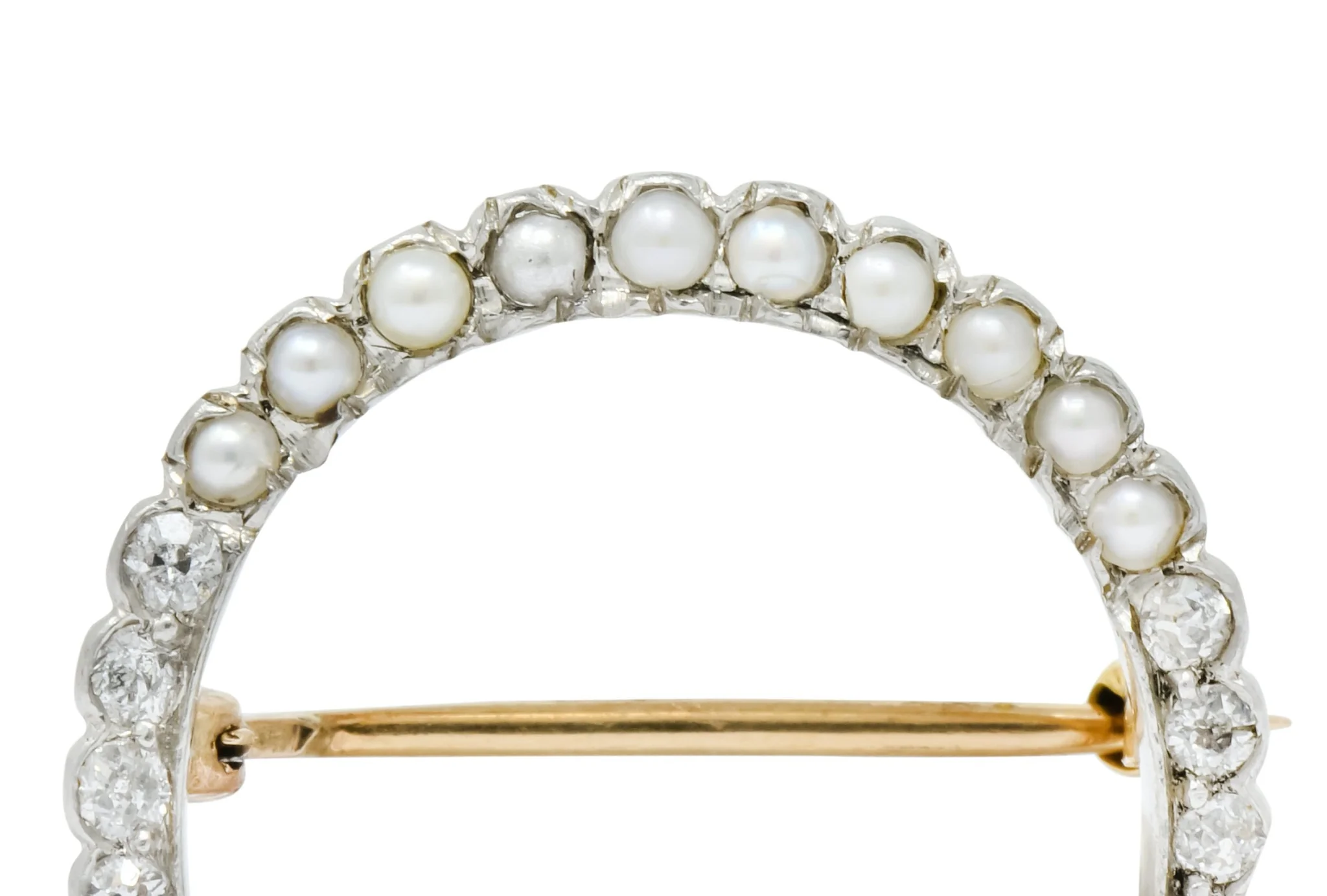 Edwardian Diamond Pearl Platinum-Topped 14 Karat Gold Horseshoe Brooch - Image 5