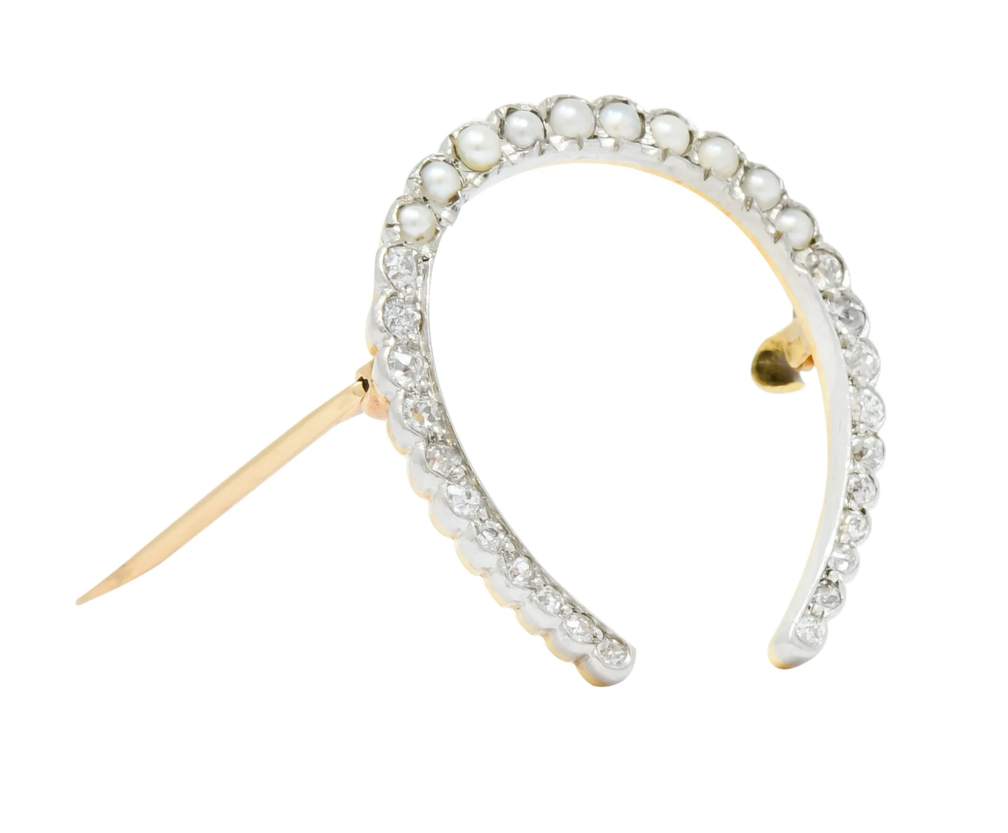 Edwardian Diamond Pearl Platinum-Topped 14 Karat Gold Horseshoe Brooch - Image 7