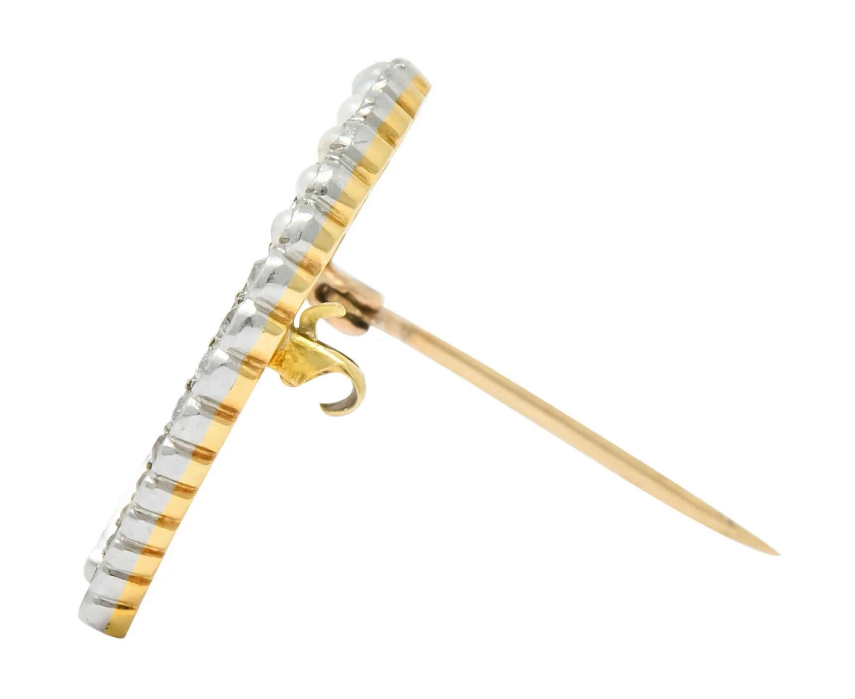 Edwardian Diamond Pearl Platinum-Topped 14 Karat Gold Horseshoe Brooch - Image 8