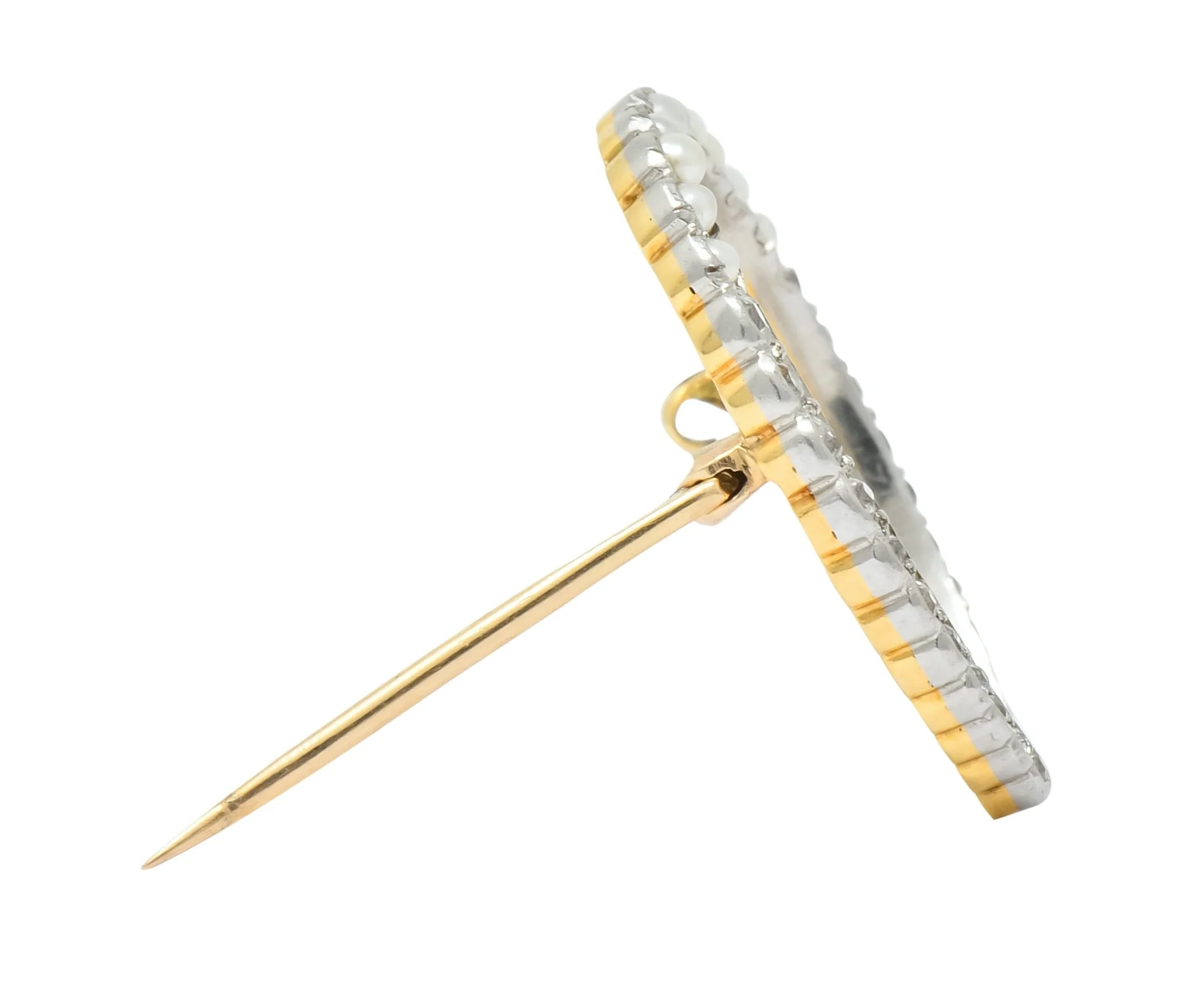 Edwardian Diamond Pearl Platinum-Topped 14 Karat Gold Horseshoe Brooch - Image 9