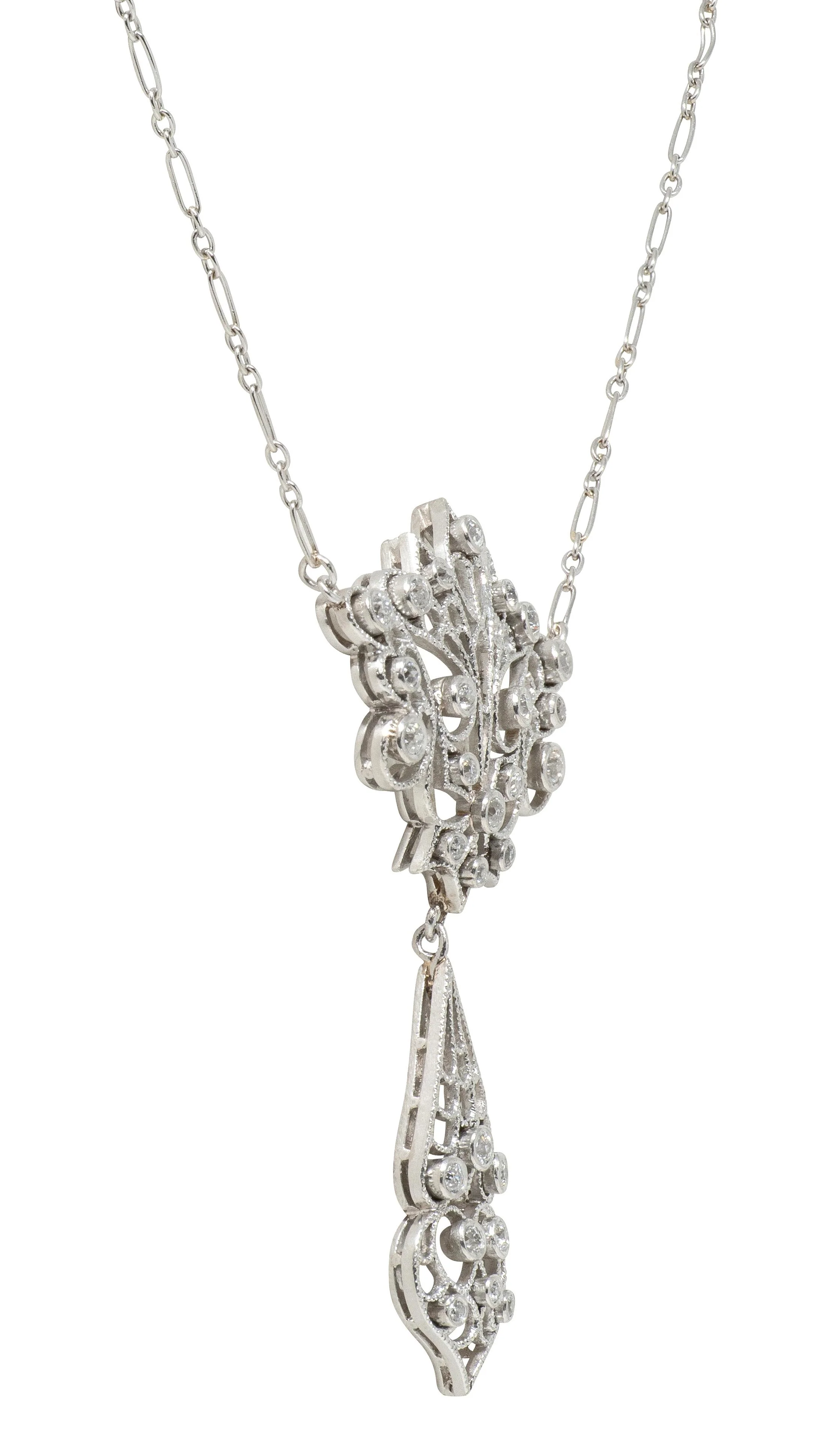 Edwardian Diamond Platinum Antique Peacock Filigree Lavalier Necklace - Image 6