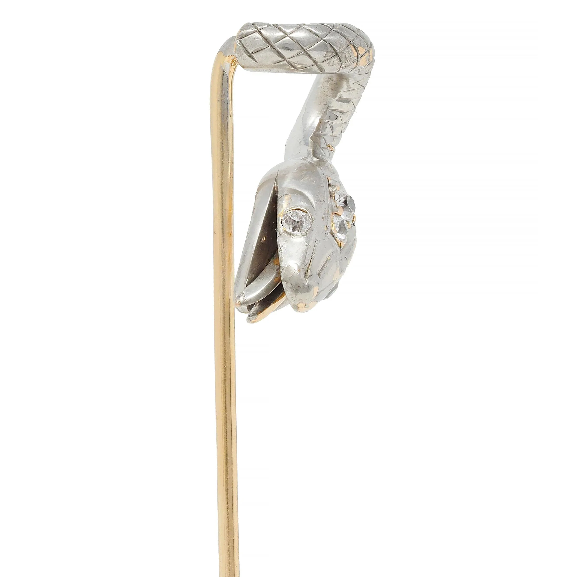 Edwardian Diamond Platinum-Topped 14 Karat Gold Antique Snake Stickpin - Image 3