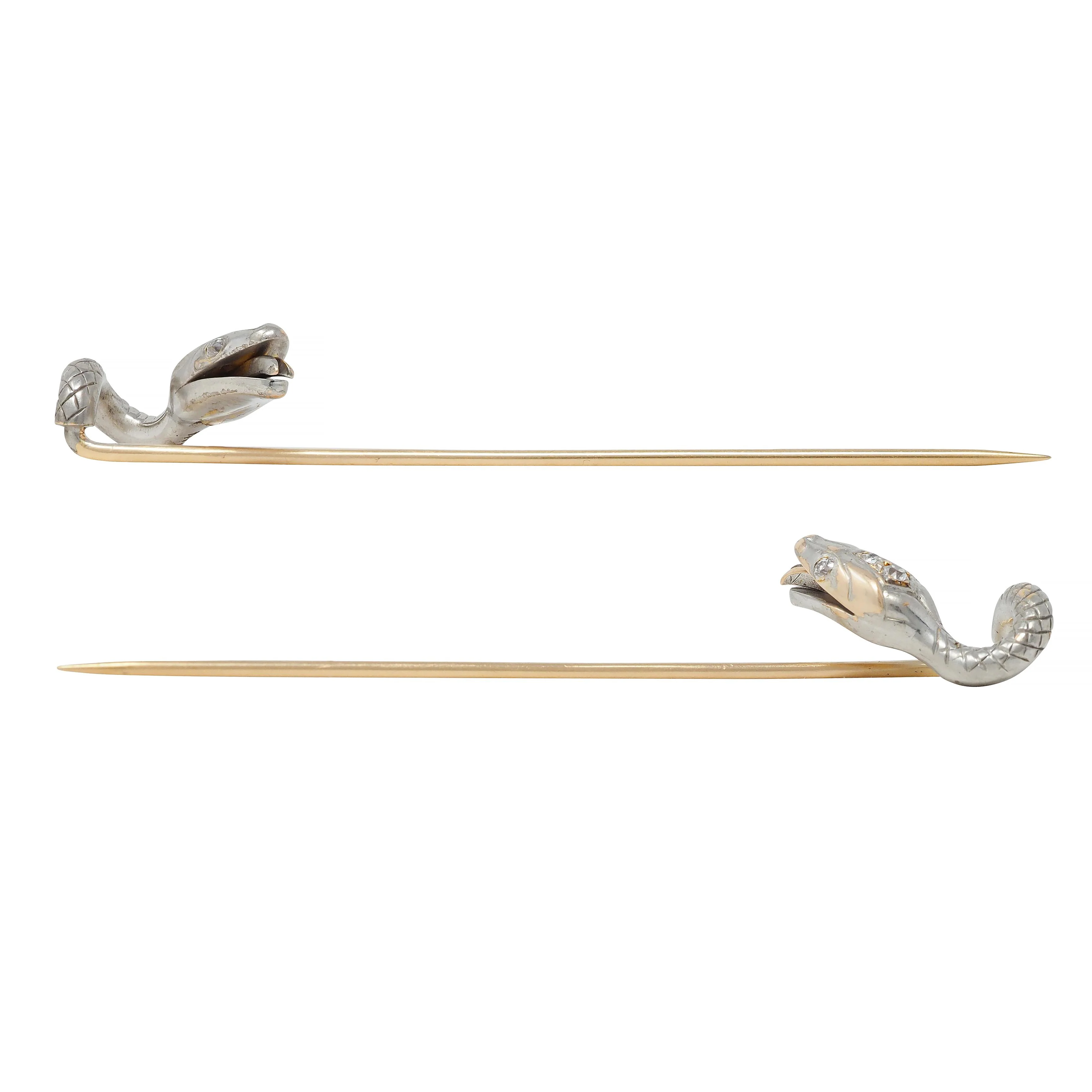 Edwardian Diamond Platinum-Topped 14 Karat Gold Antique Snake Stickpin - Image 7