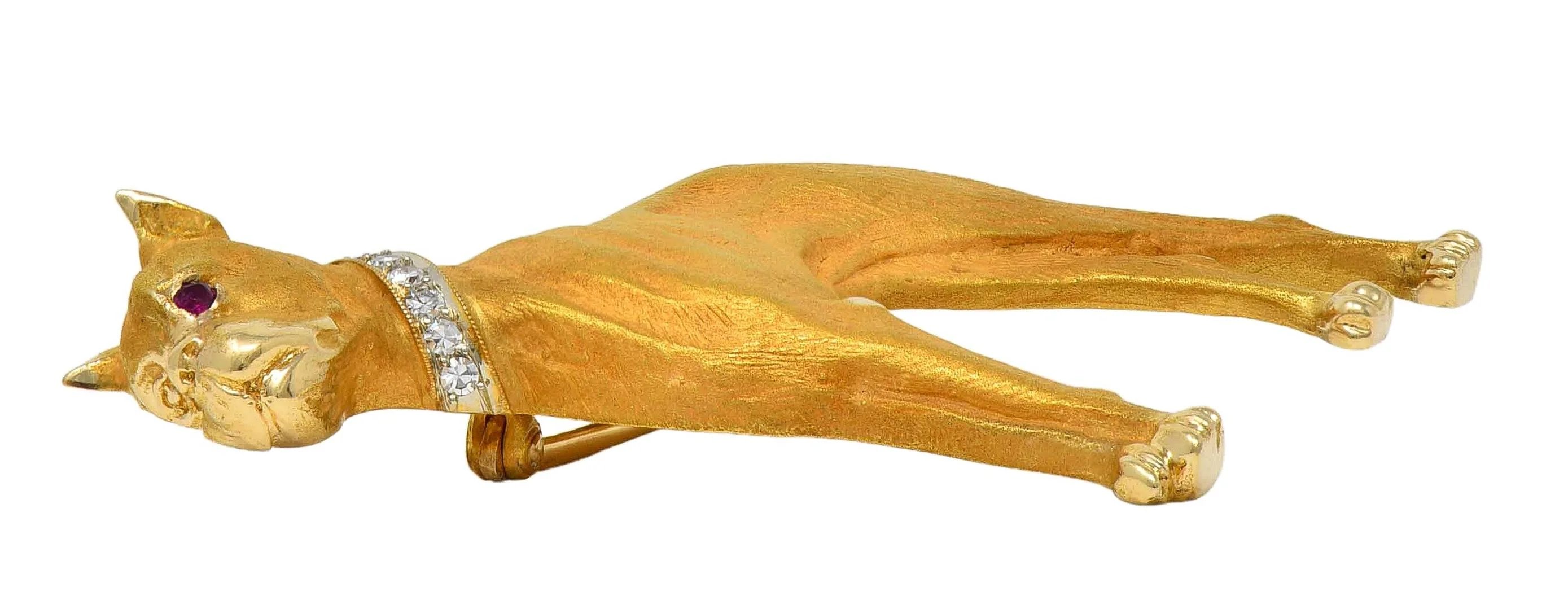 Edwardian Diamond Ruby 14 Karat Yellow Gold Antique Boxer Dog Brooch - Image 6