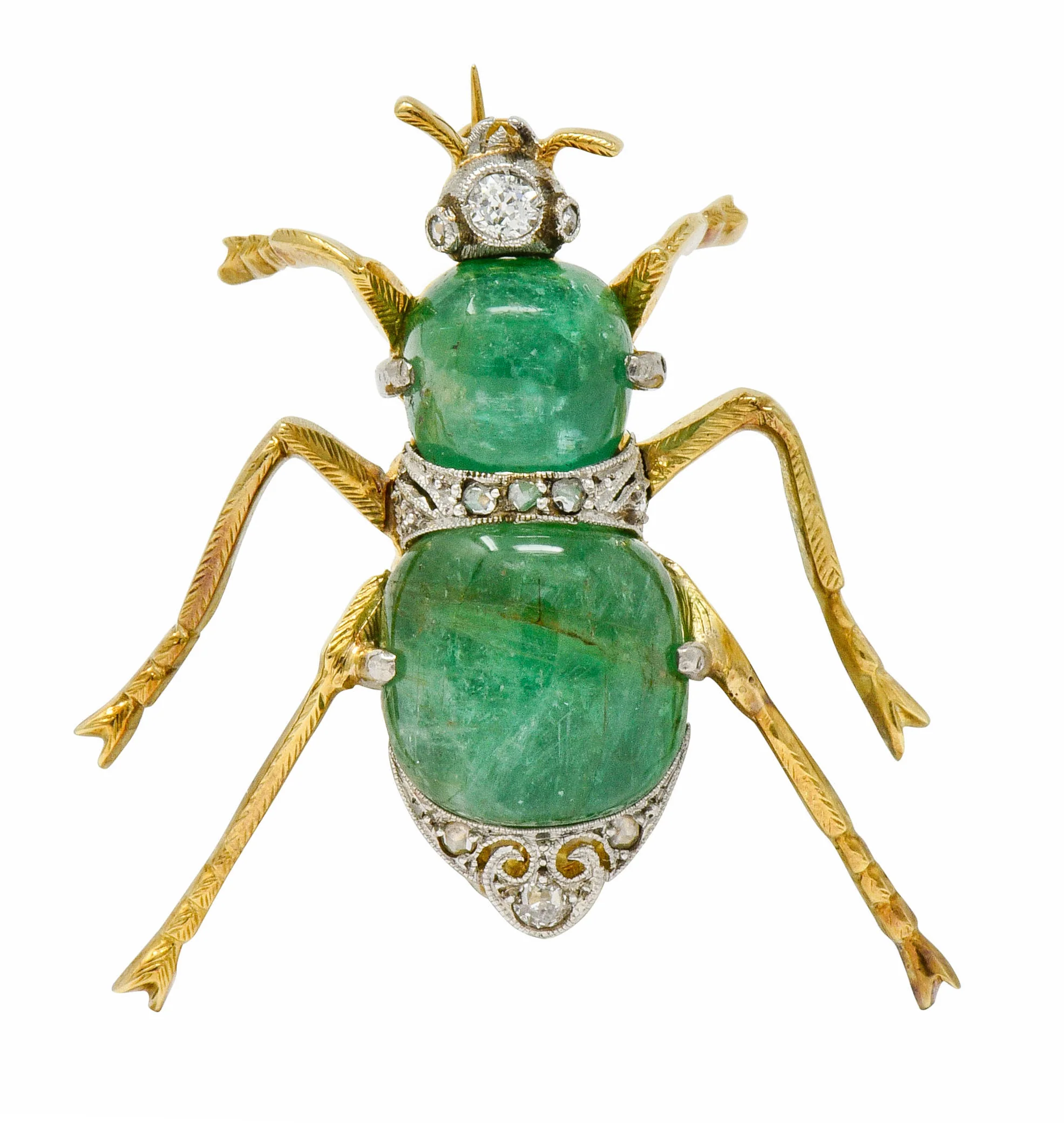 Edwardian Emerald Diamond Platinum-Topped 14 Karat Gold Insect Brooch