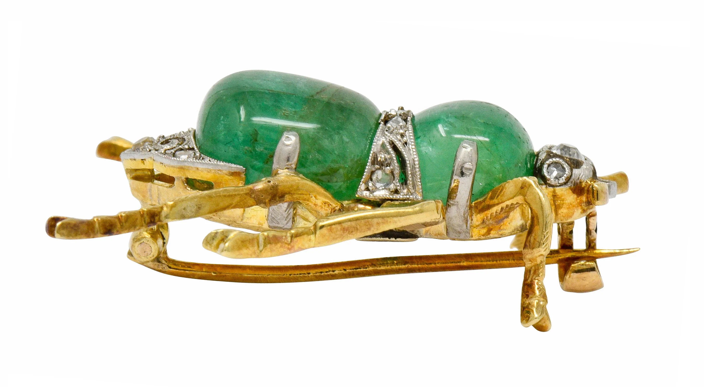 Edwardian Emerald Diamond Platinum-Topped 14 Karat Gold Insect Brooch - Image 10