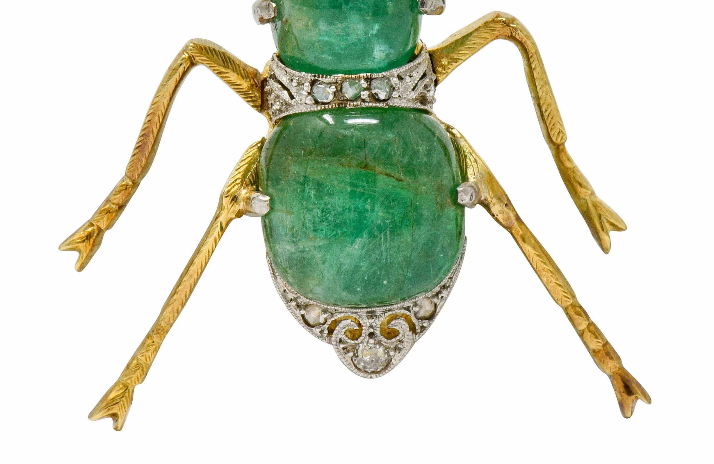 Edwardian Emerald Diamond Platinum-Topped 14 Karat Gold Insect Brooch - Image 6