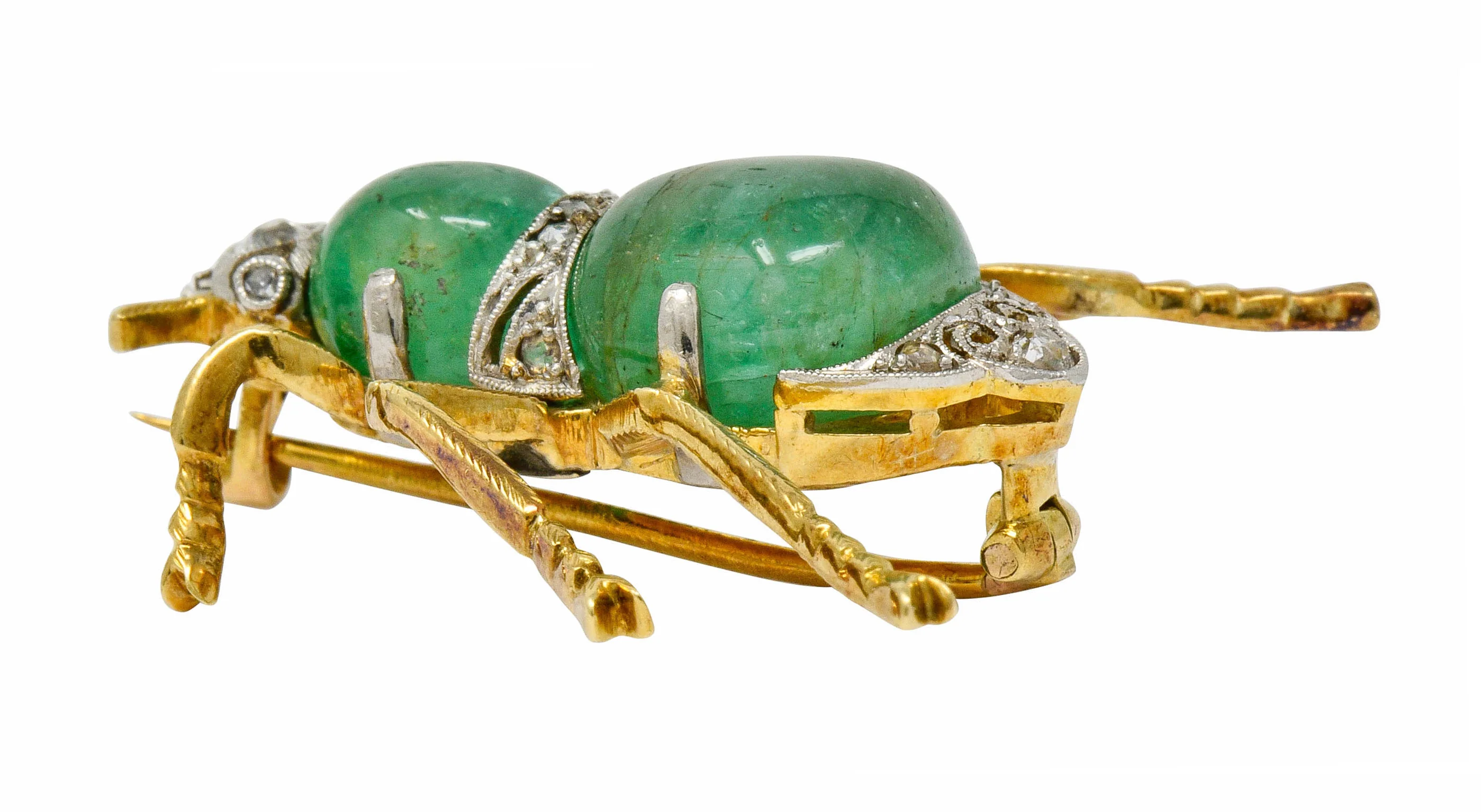 Edwardian Emerald Diamond Platinum-Topped 14 Karat Gold Insect Brooch - Image 8