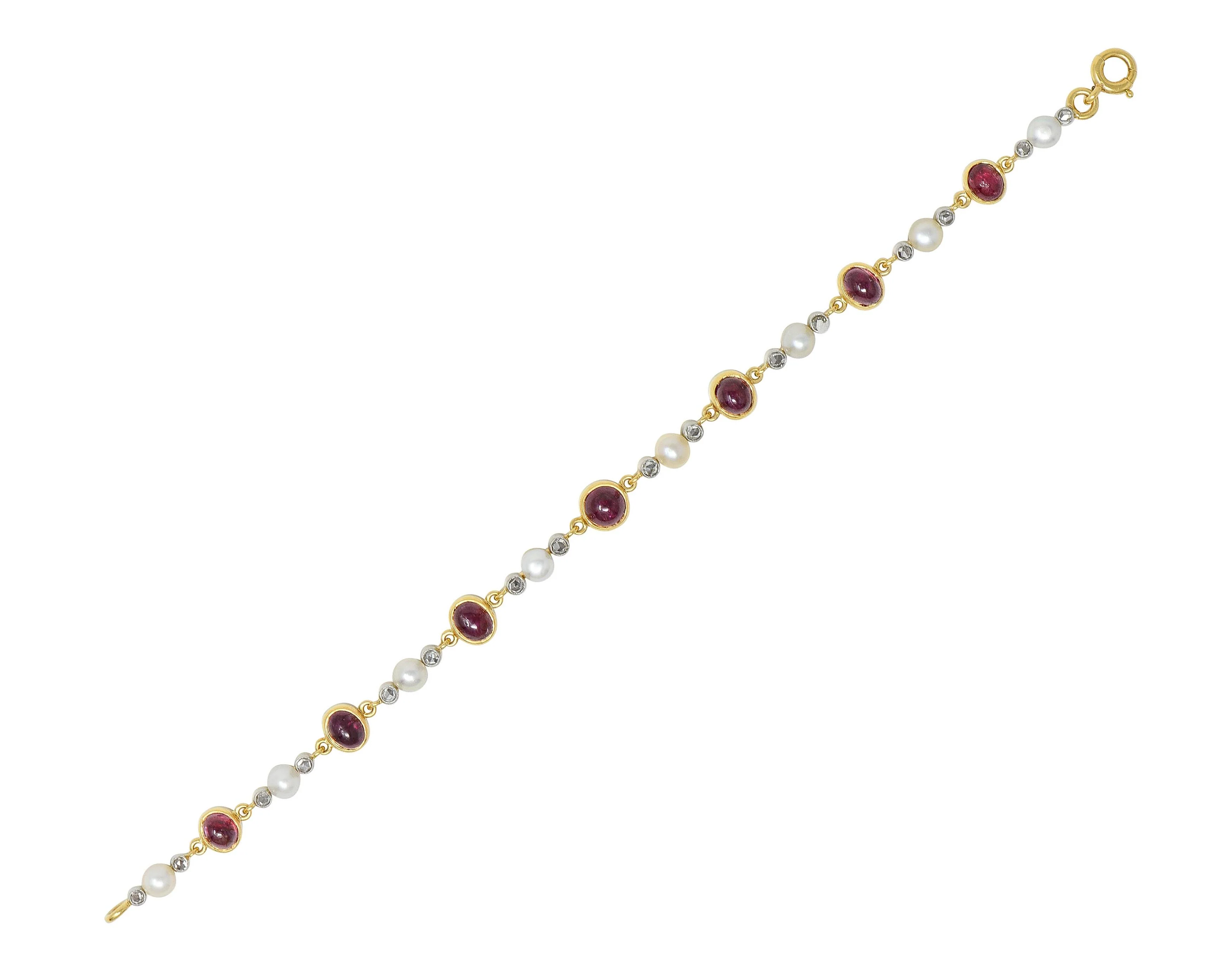 Edwardian French 5.90 CTW Ruby Diamond Pearl Platinum 18 Karat Yellow Gold Antique Line Bracelet - Image 2