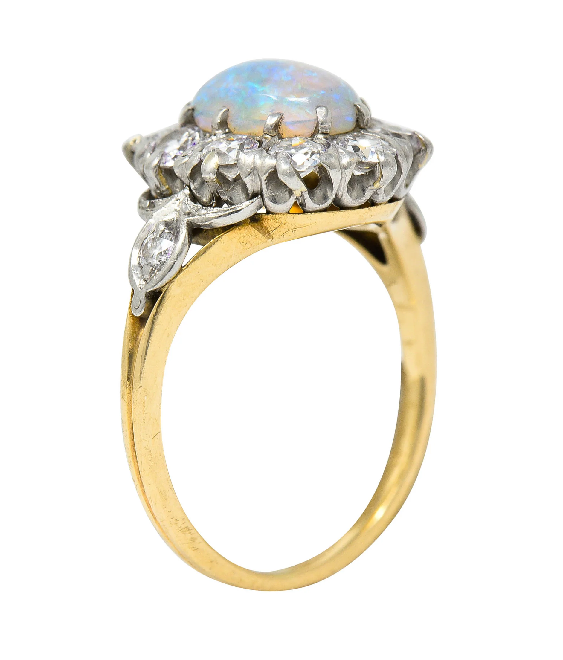Edwardian Jelly Opal 1.06 CTW Diamond Platinum-Topped 14 Karat Gold Cluster Ring - Image 10