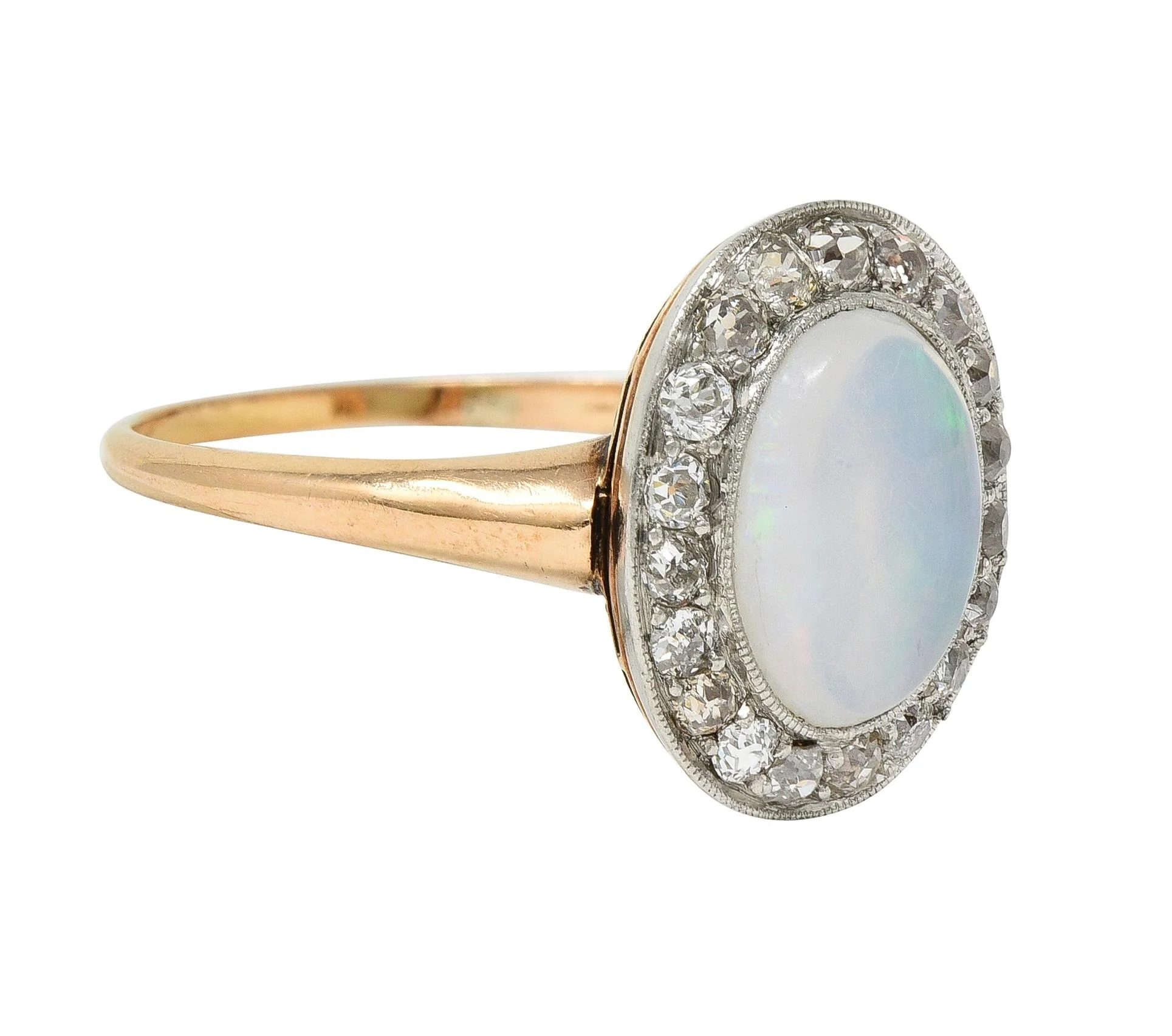Edwardian Jelly Opal Diamond Platinum 18 Karat Rose Gold Antique Halo Ring - Image 2
