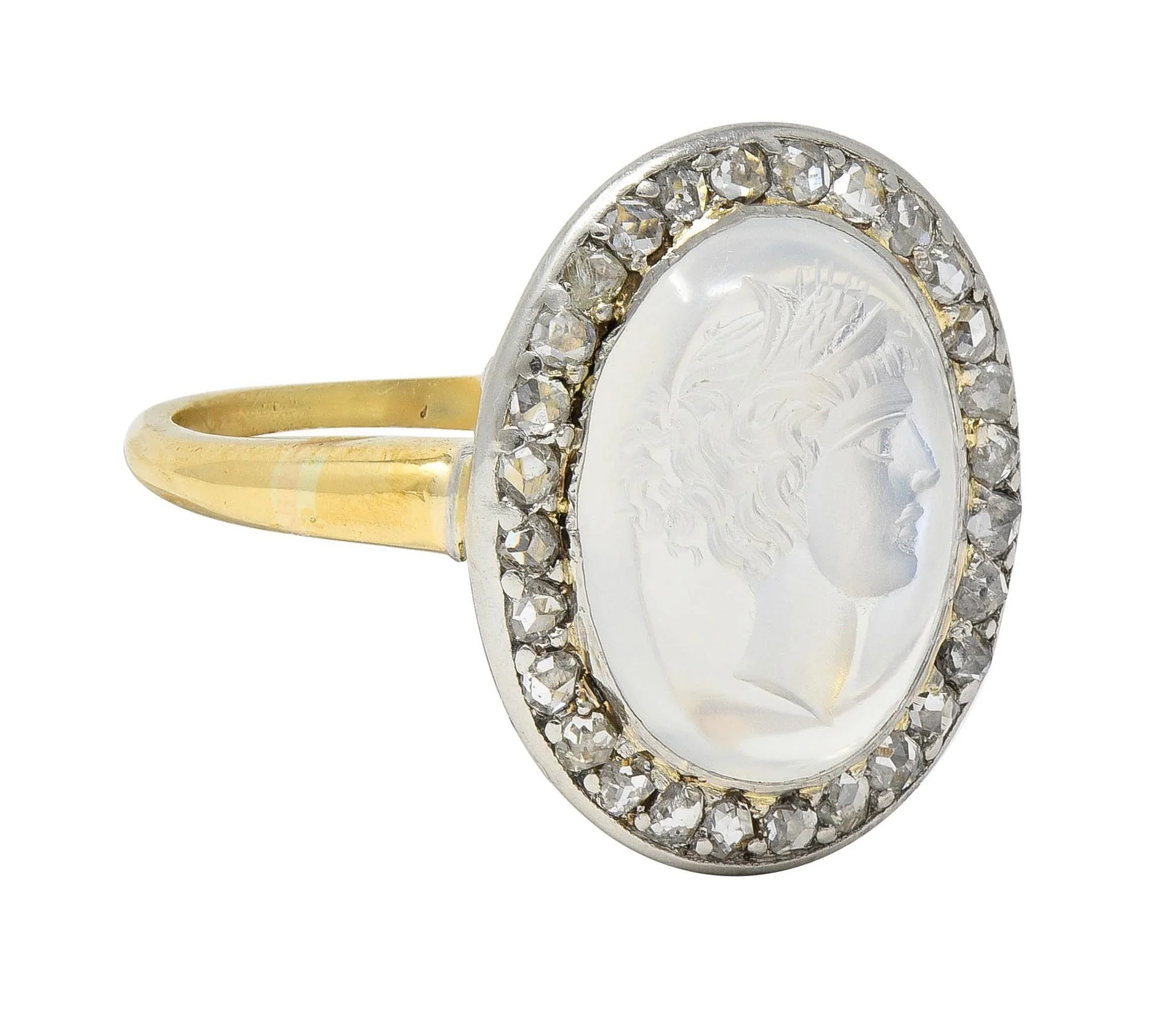 Edwardian Moonstone Diamond Platinum 18 Karat Yellow Gold Godess Antique Intaglio Halo Ring - Image 3