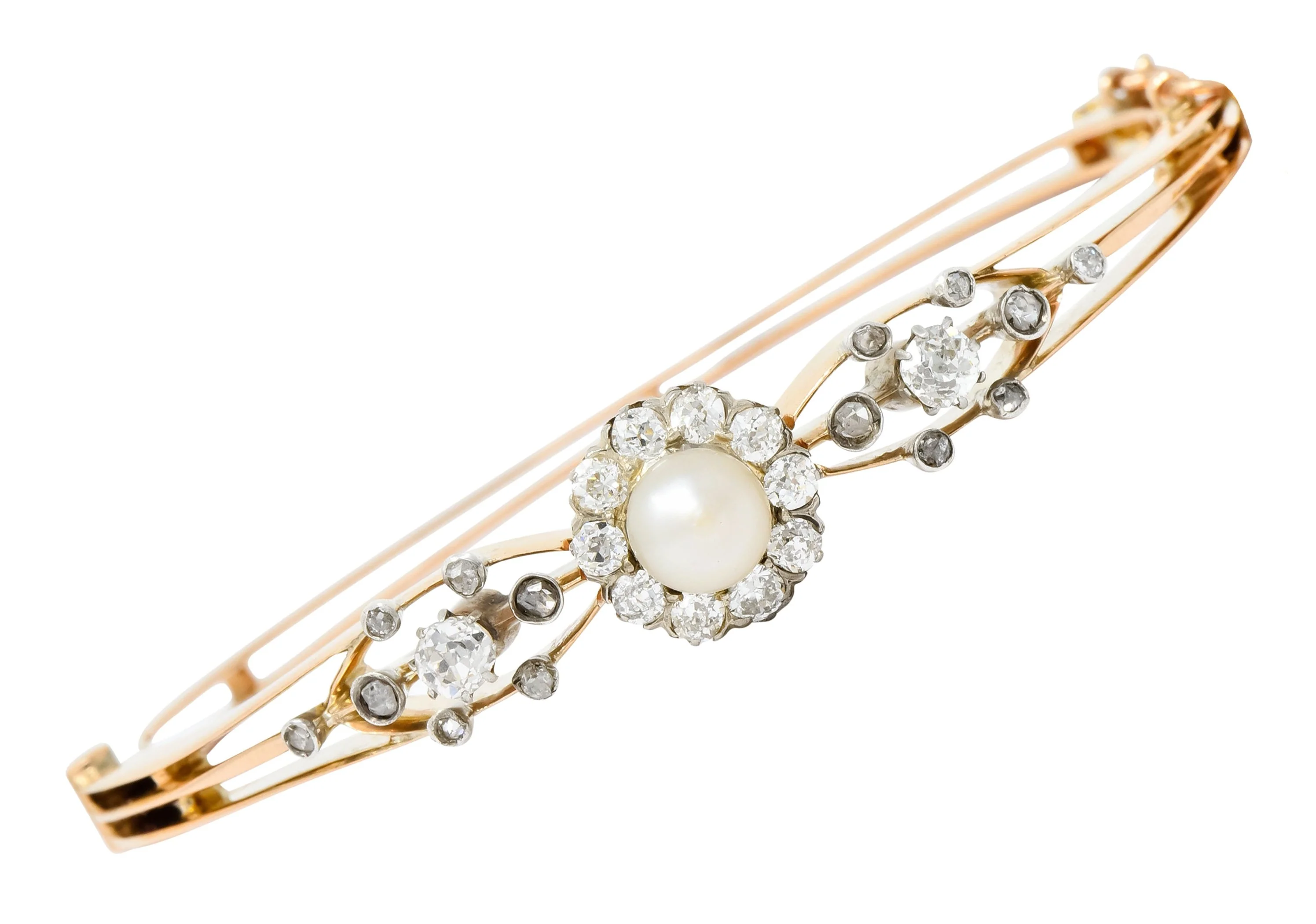 Edwardian Natural Pearl Diamond Cluster Platinum-Topped 14 Karat Gold Bangle Bracelet