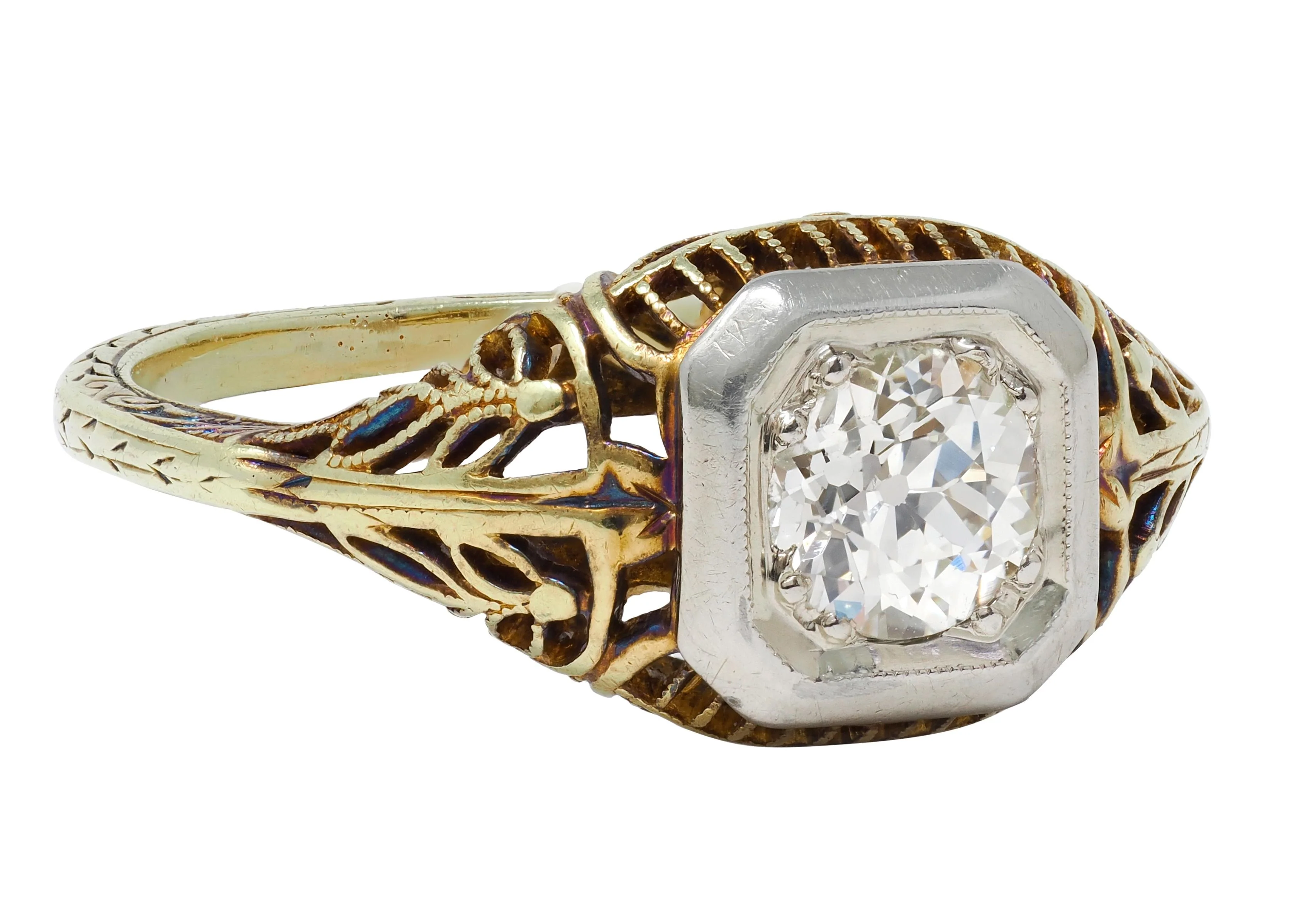 Edwardian Old European Cut Diamond 14 Karat Two-Tone Gold Foliate Engagement Ring - Image 3
