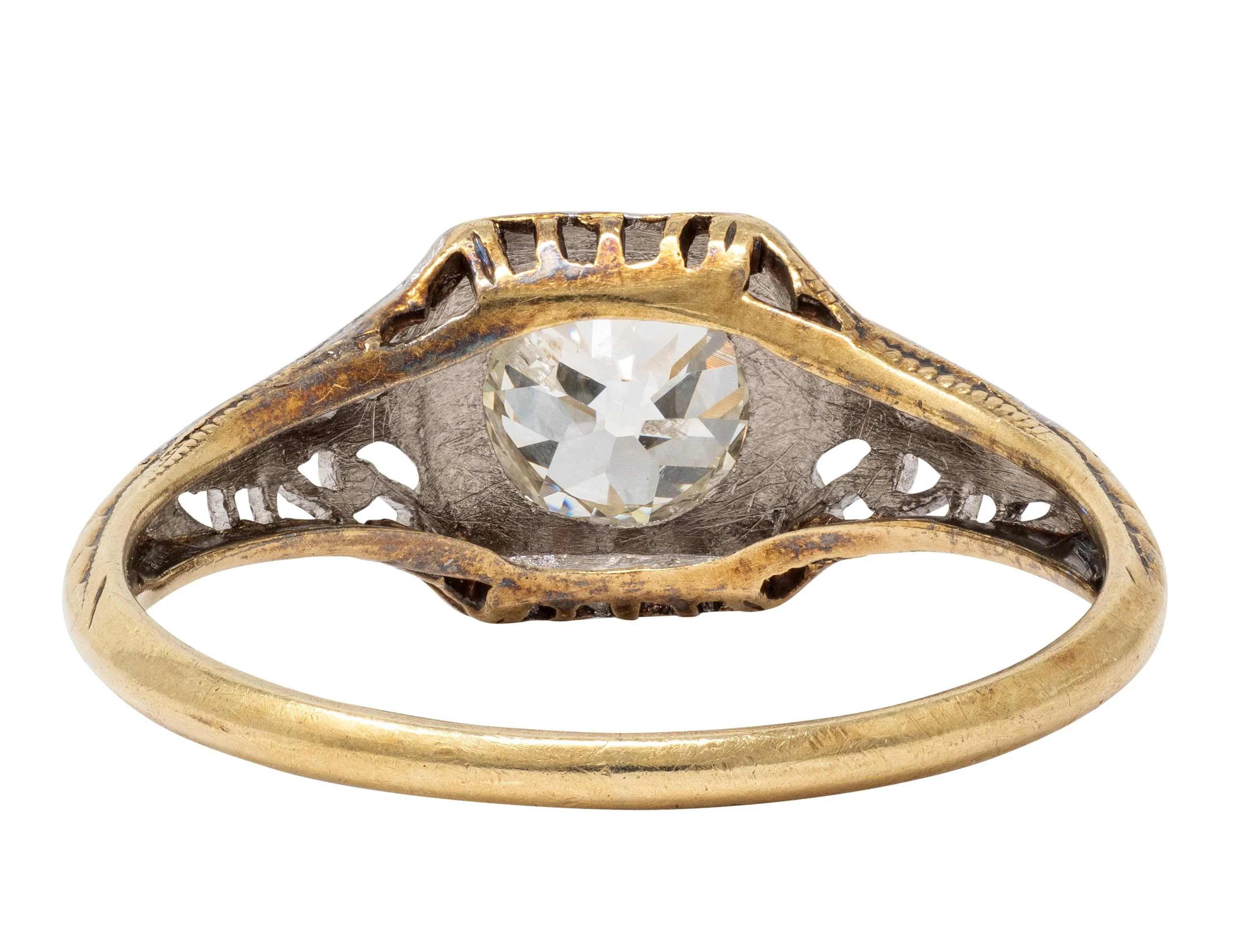 Edwardian Old European Diamond 14 Karat Yellow Gold Platinum Antique Butterfly Engagement Ring - Image 4