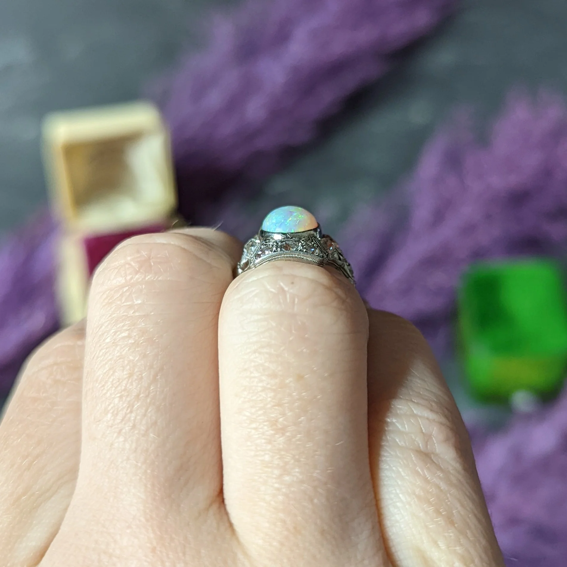 Edwardian Opal Cabochon Diamond Platinum Gemstone Dinner Ring - Image 13
