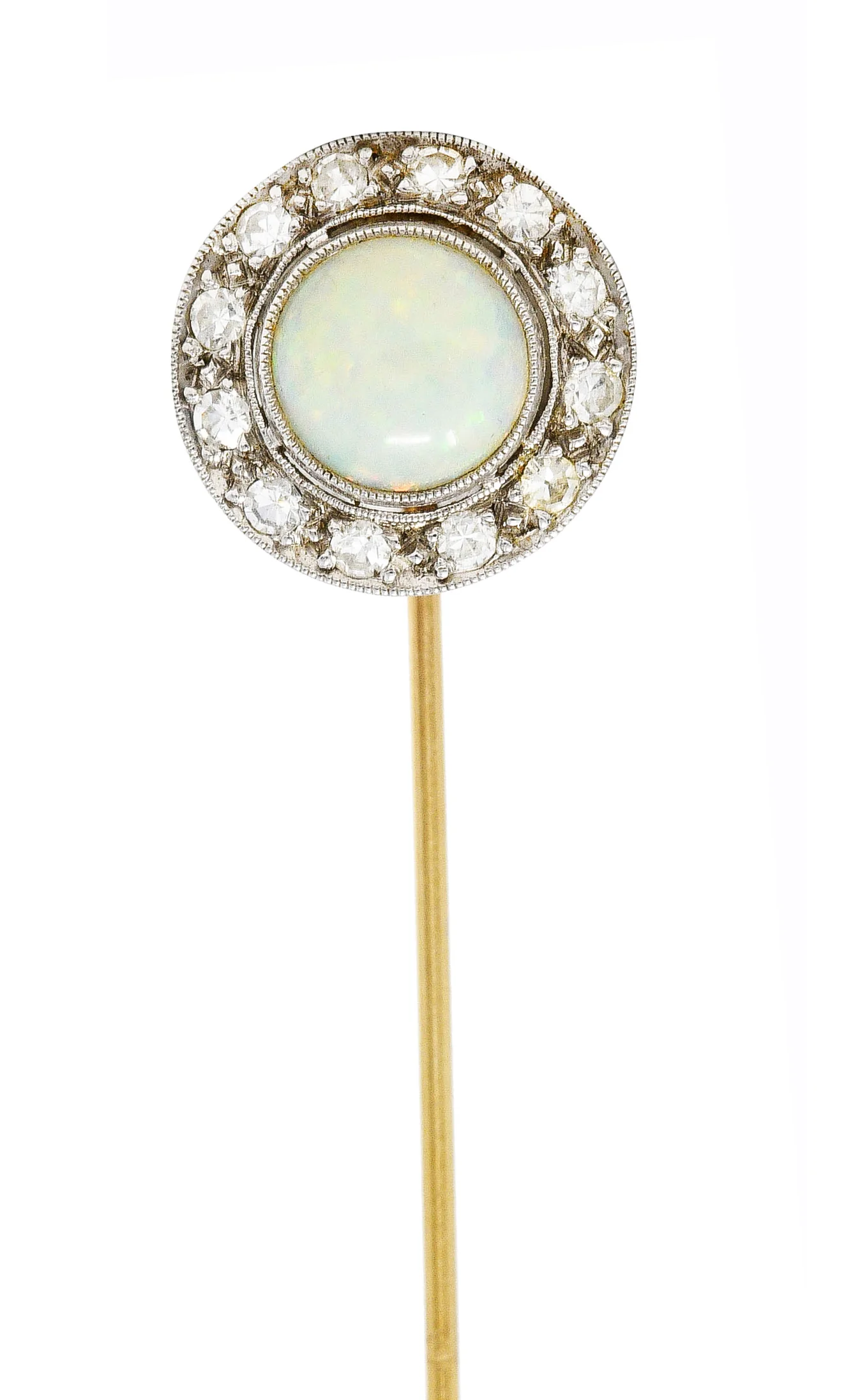 Edwardian Opal Diamond Platinum 14 Karat Gold Stickpin