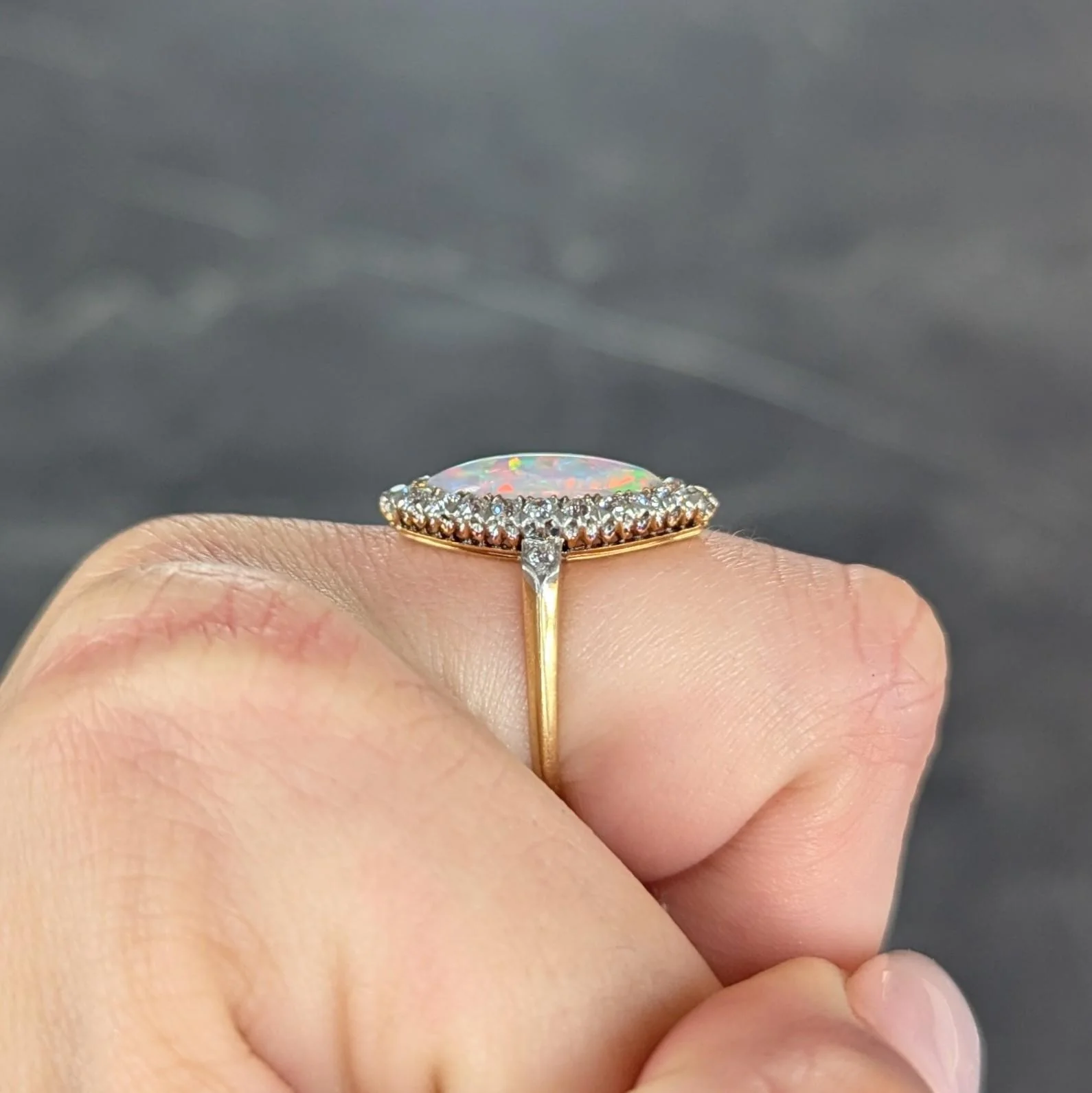 Edwardian Opal Diamond Platinum 18 Karat Yellow Gold Antique Navette Ring - Image 12