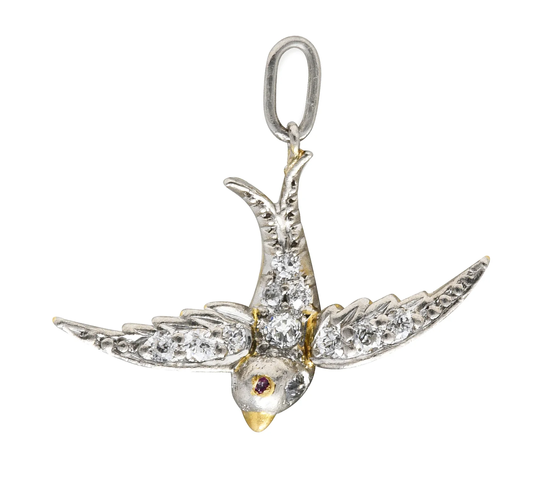 Edwardian Pavè Diamond Platinum-Topped 18 Karat Yellow Gold Bird Swallow Charm