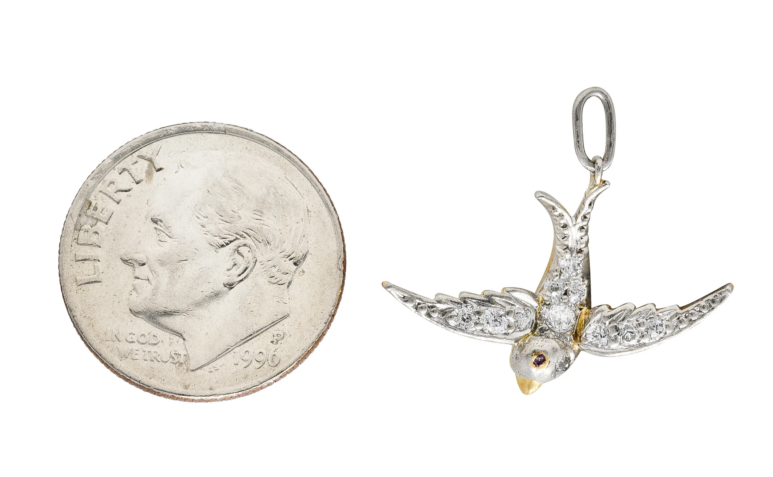 Edwardian Pavè Diamond Platinum-Topped 18 Karat Yellow Gold Bird Swallow Charm - Image 5