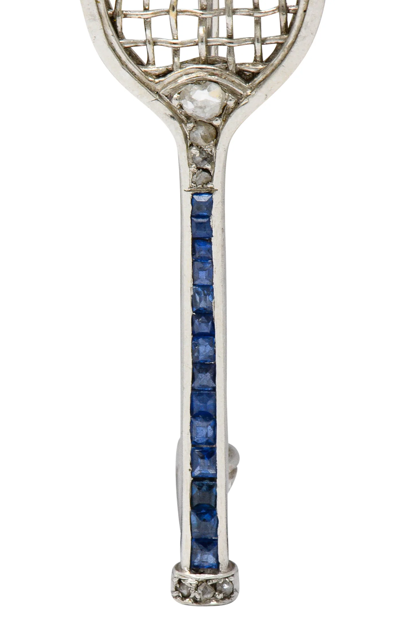 Edwardian Sapphire Diamond Pearl Platinum Tennis Racket Brooch - Image 7