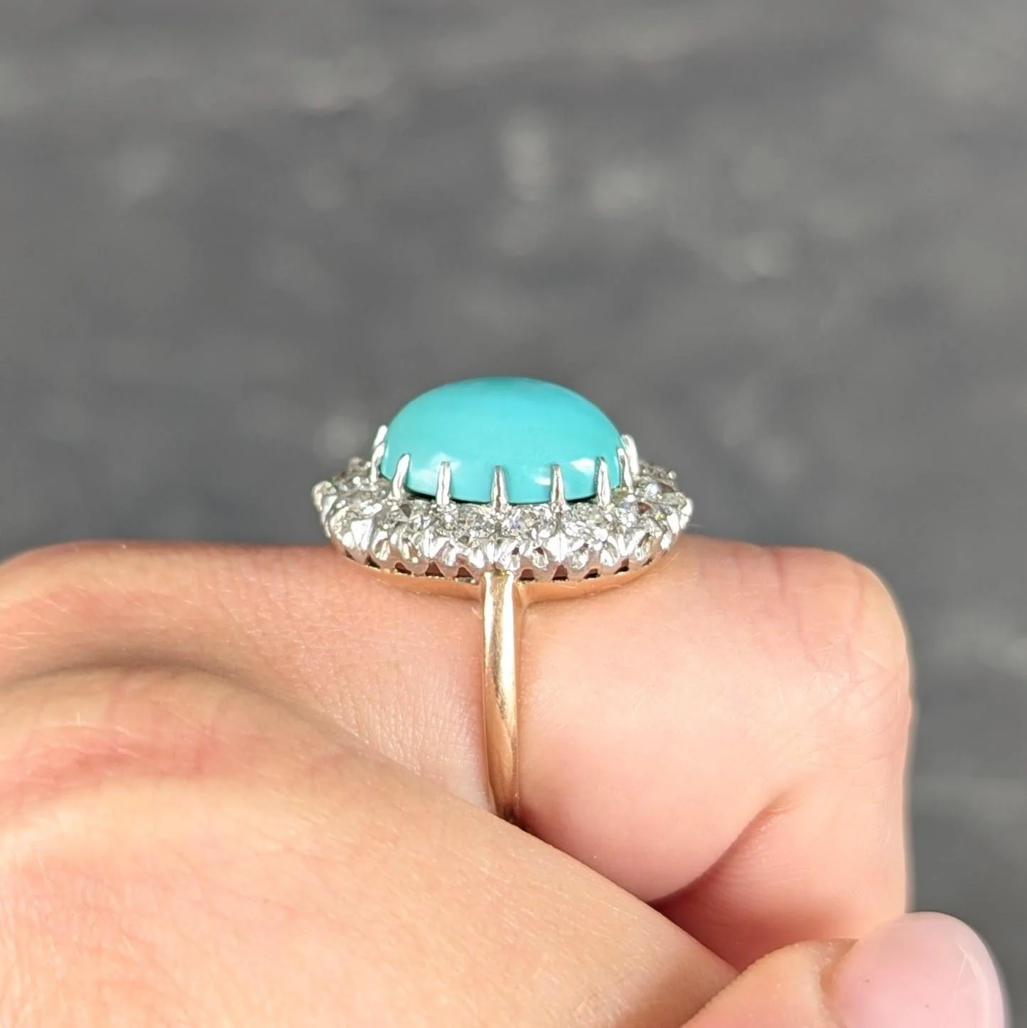 Edwardian Turquoise Diamond Platinum 14 Karat Yellow Gold Antique Halo Ring - Image 10