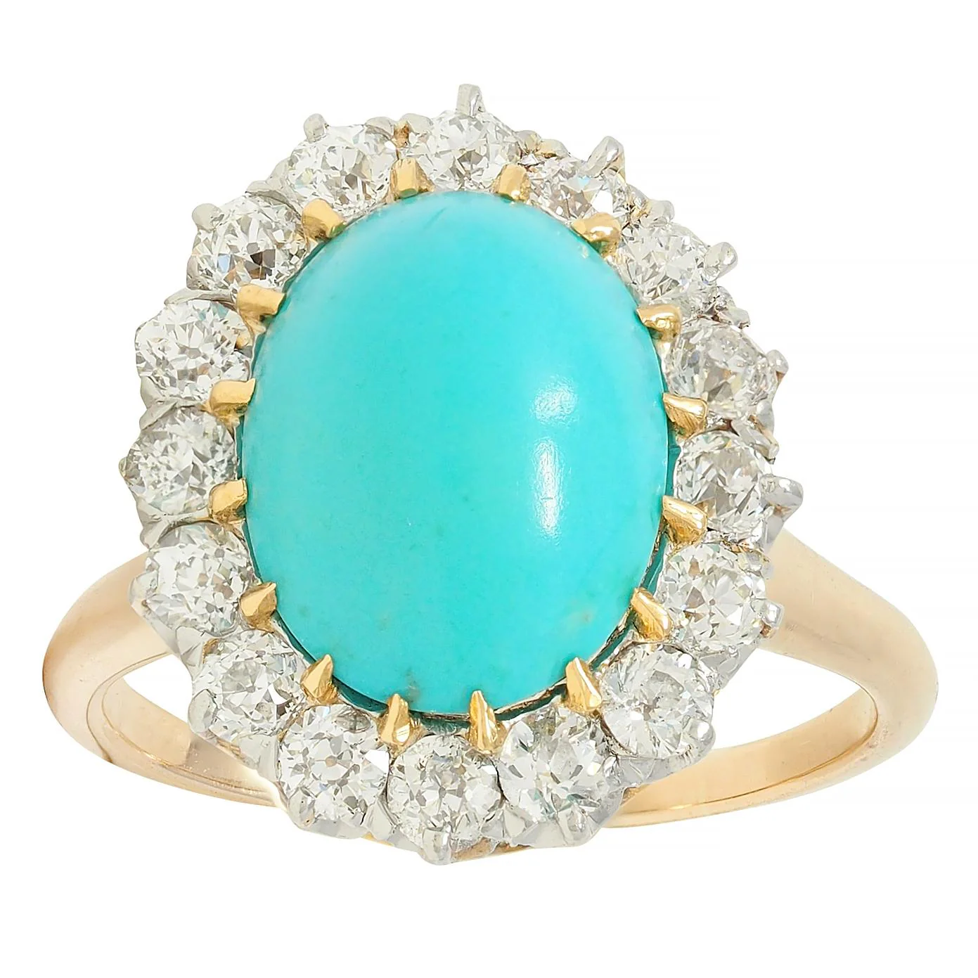 Edwardian Turquoise Old European Diamond Platinum 14 Karat Yellow Gold Antique Halo Ring - Image 8