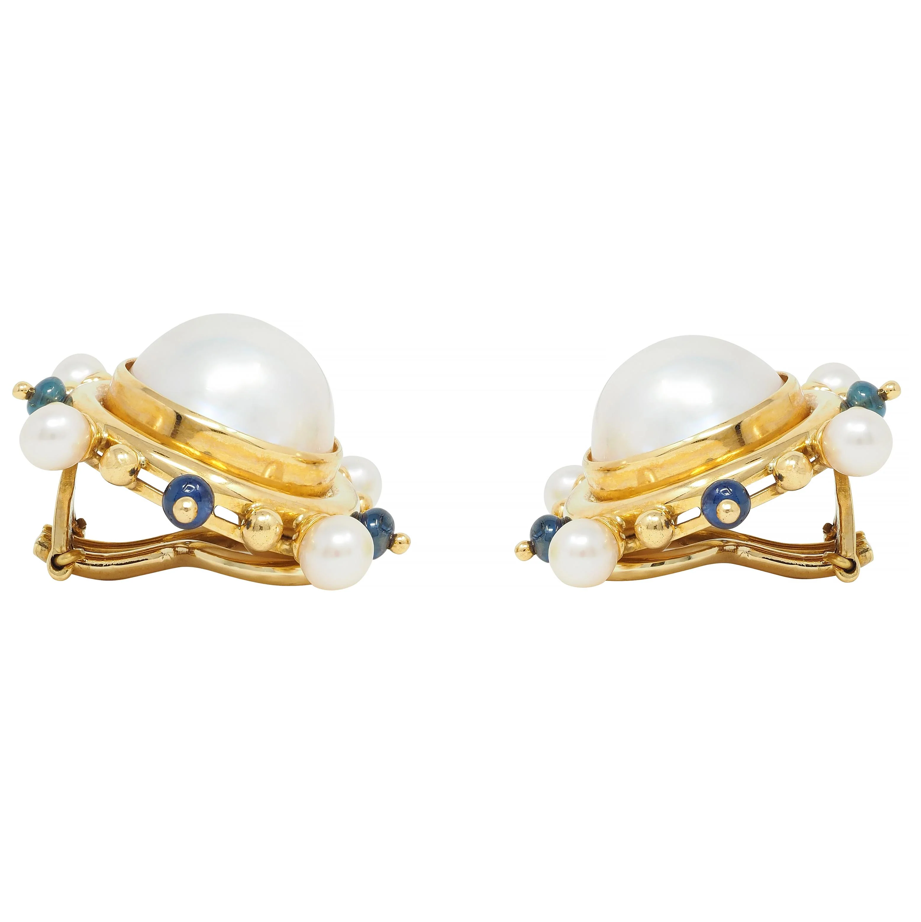 Elizabeth Locke Button Pearl Sapphire 18 Karat Yellow Gold Earrings - Image 8