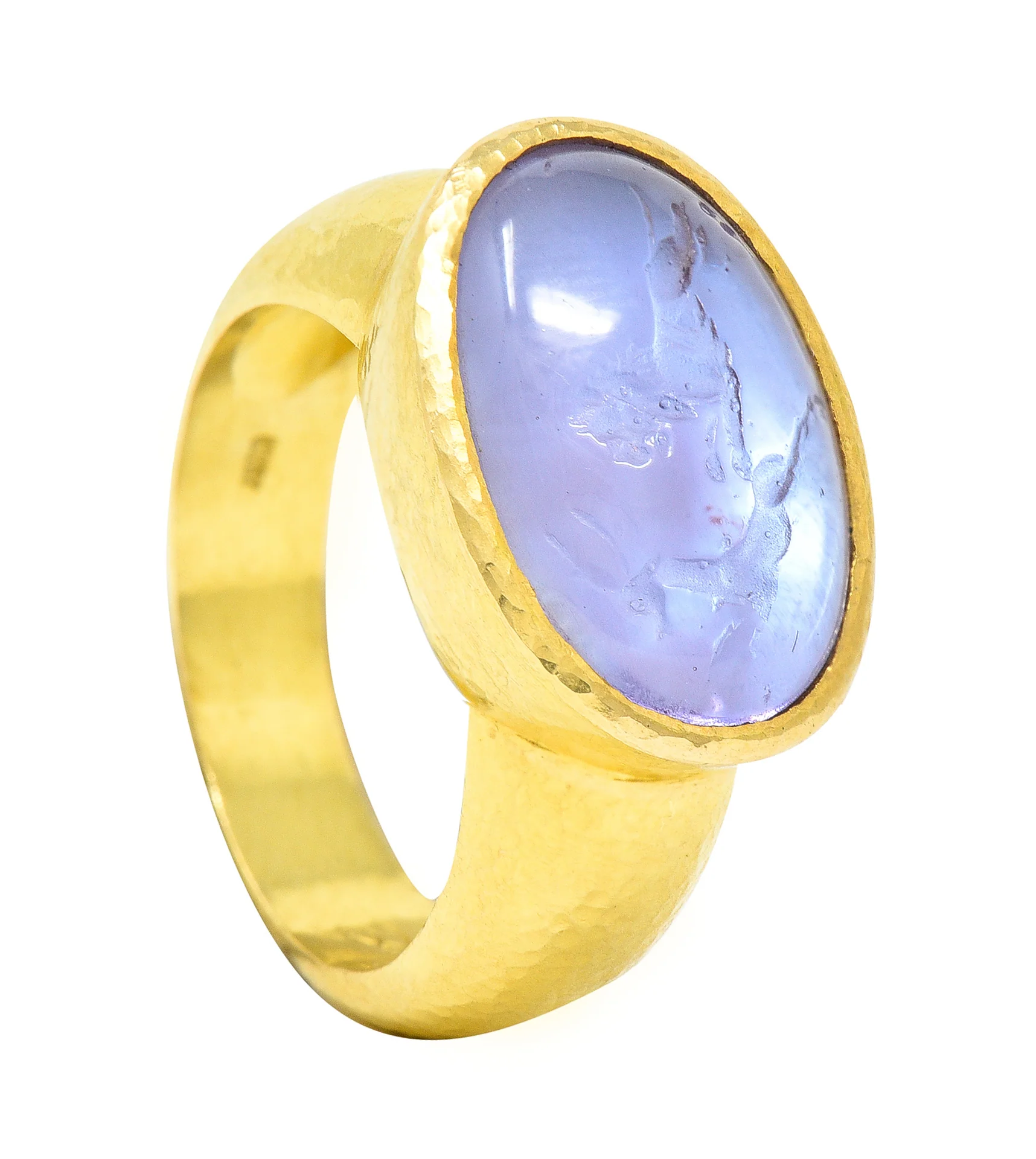 Elizabeth Locke Lavender Venetian Glass Mother-Of-Pearl 18 Karat Yellow Gold Lion & Gazelle Intaglio Vintage Signet Ring - Image 12