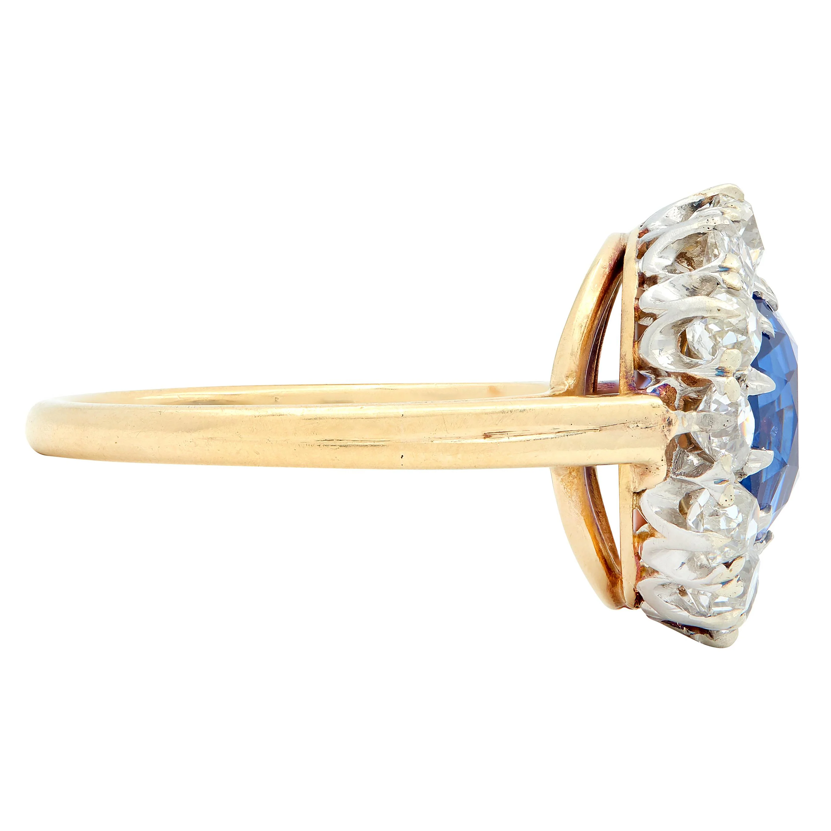 Frank Walter Lawrence Edwardian No Heat Ceylon Sapphire Diamond 14 Karat Yellow Gold Antique Halo Ring GIA - Image 3