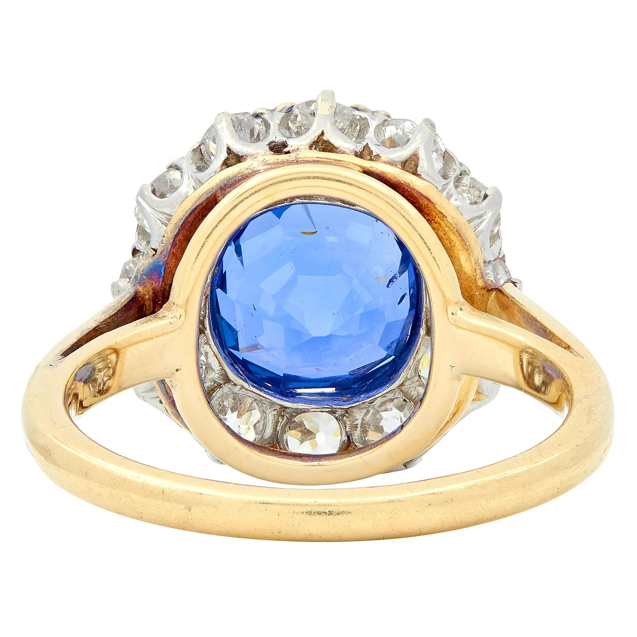 Frank Walter Lawrence Edwardian No Heat Ceylon Sapphire Diamond 14 Karat Yellow Gold Antique Halo Ring GIA - Image 4