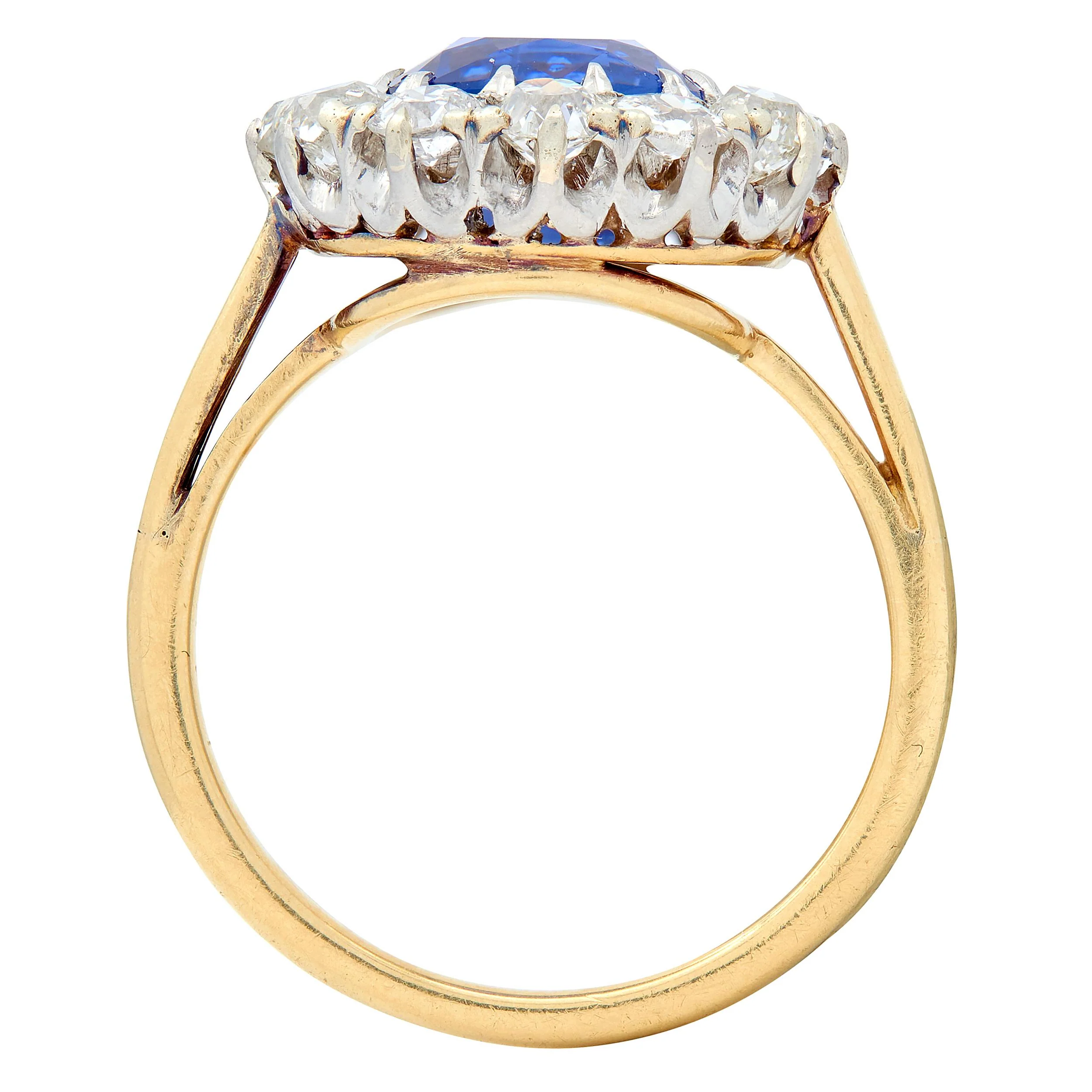 Frank Walter Lawrence Edwardian No Heat Ceylon Sapphire Diamond 14 Karat Yellow Gold Antique Halo Ring GIA - Image 6