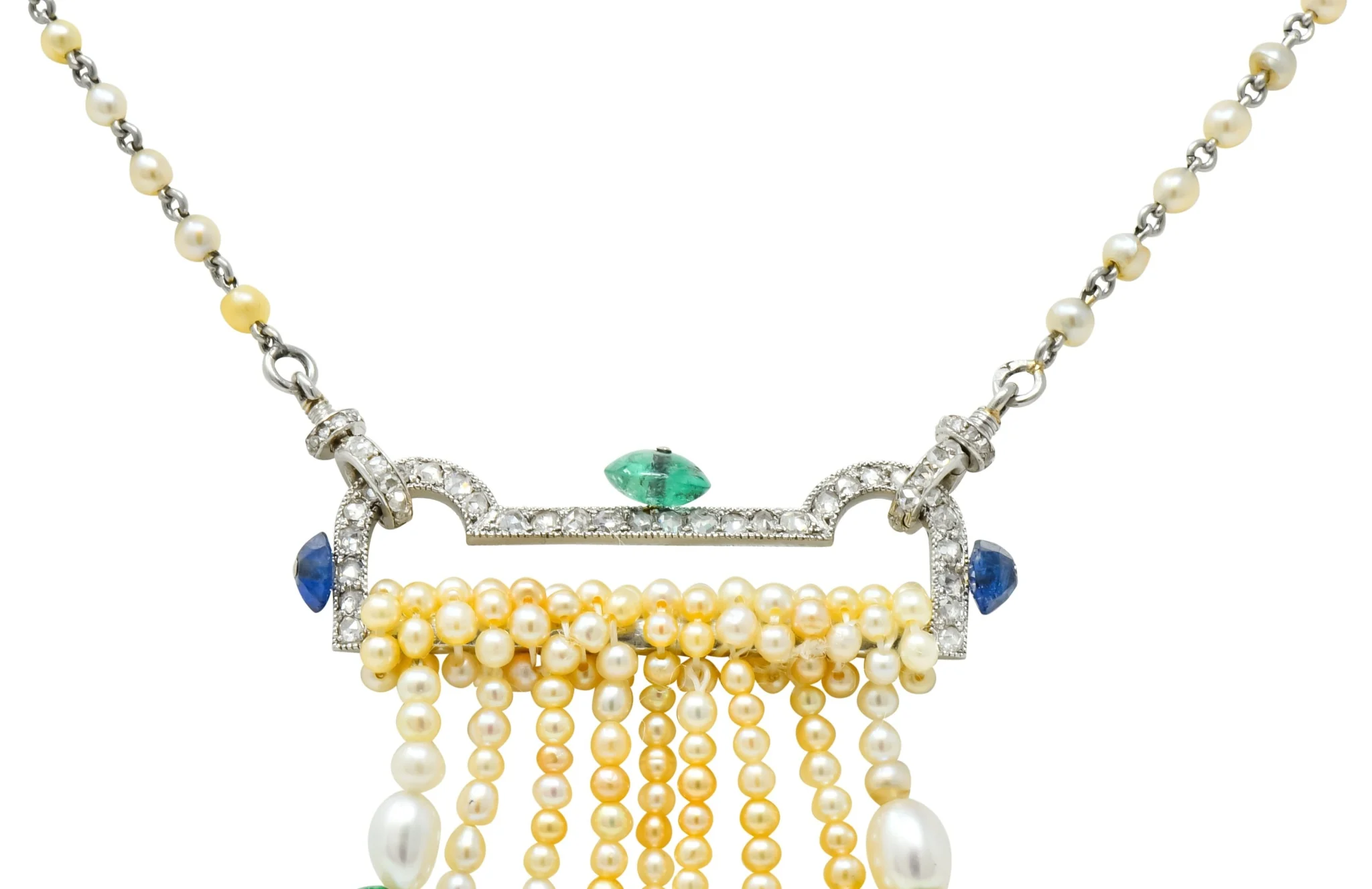 French Art Deco Diamond Natural Pearl Emerald Sapphire Platinum Sautoir Necklace - Image 5