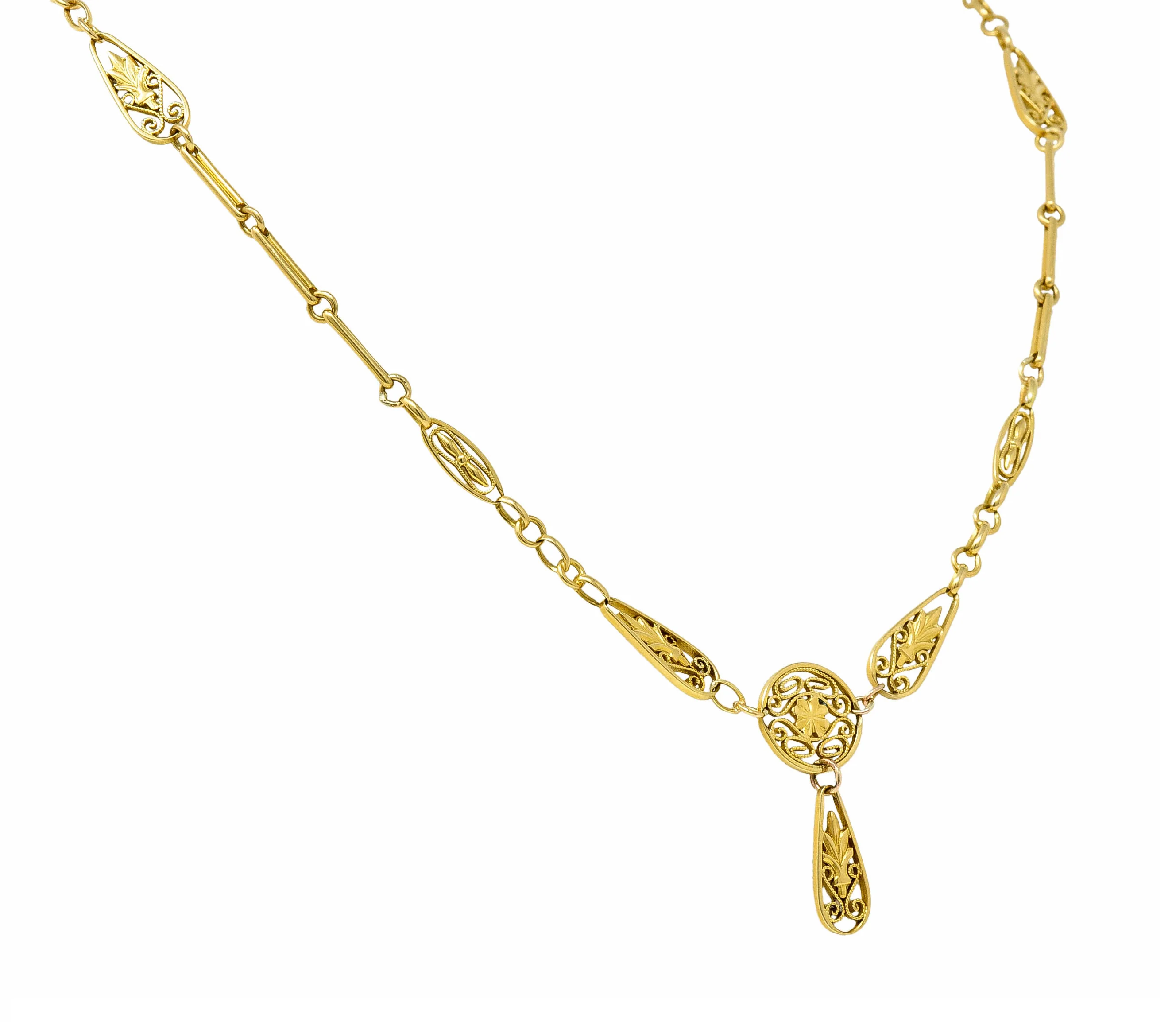 French Art Nouveau 18 Karat Gold Four Leaf Clover Foliate Link Necklace - Image 3