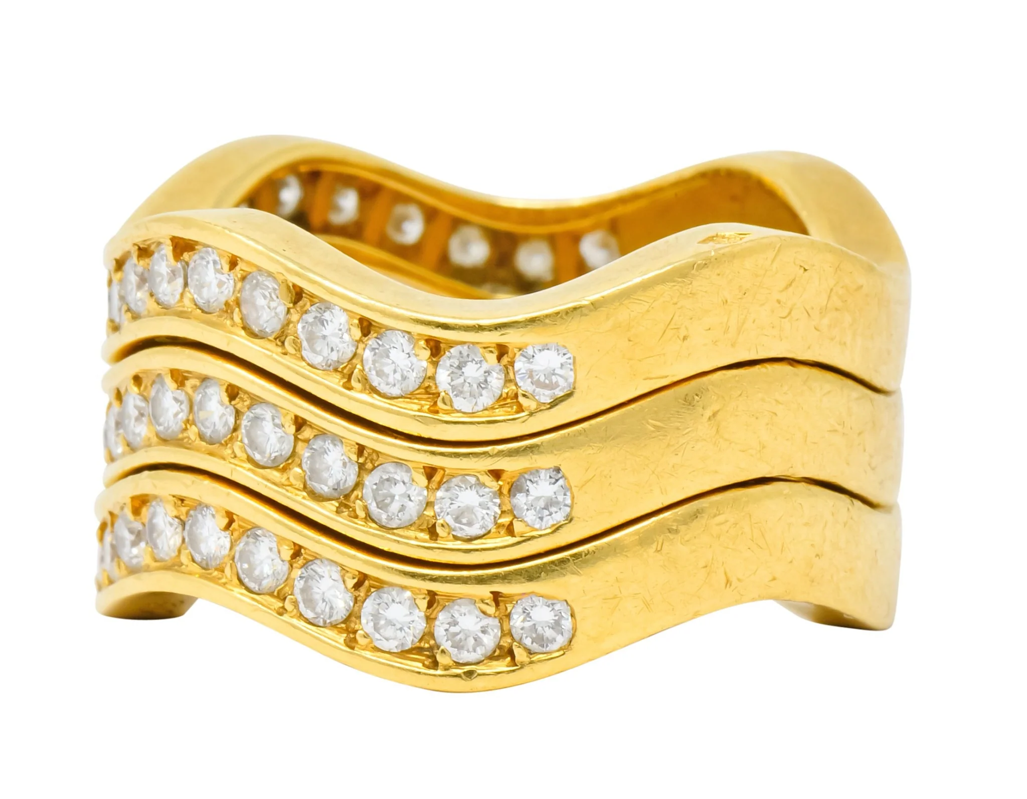 French Cartier 1.56 CTW Diamond 18 Karat Gold Wave Triple Band Stack Rings - Image 6