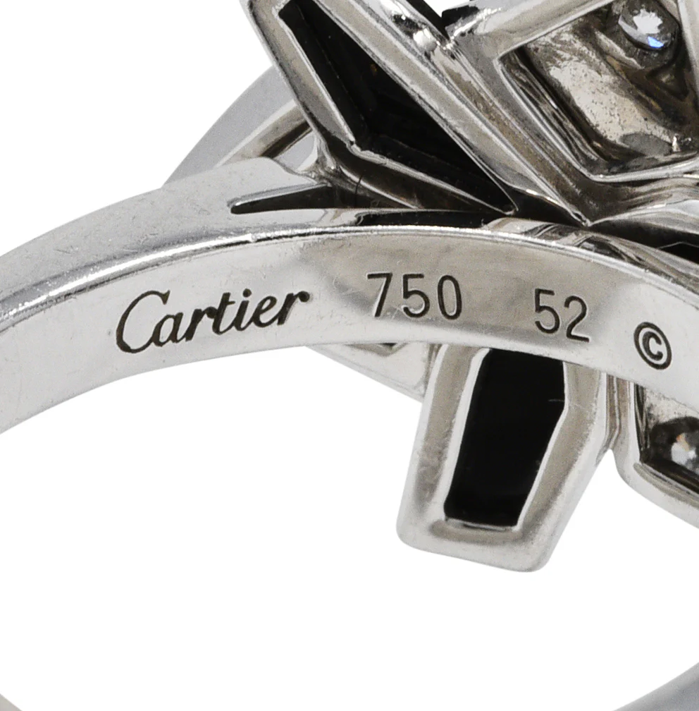 French Cartier Diamond Onyx Tsavorite Garnet 18 Karat White Gold Caresse D'Orchidees Ring - Image 7