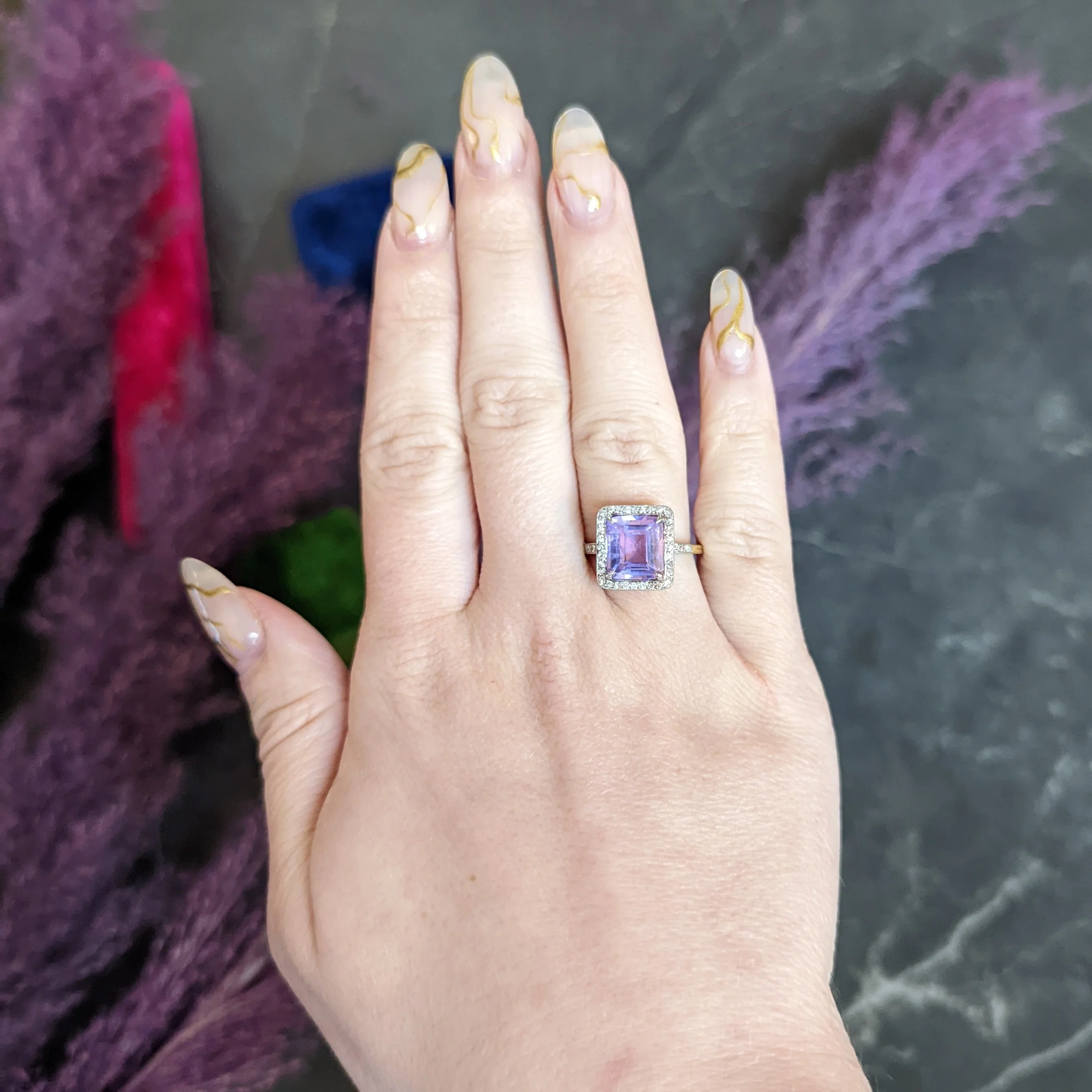 French Edwardian 5.24 CTW No Heat Lavender Sapphire Diamond Platinum 18 Karat Gold Antique Ring - Image 13