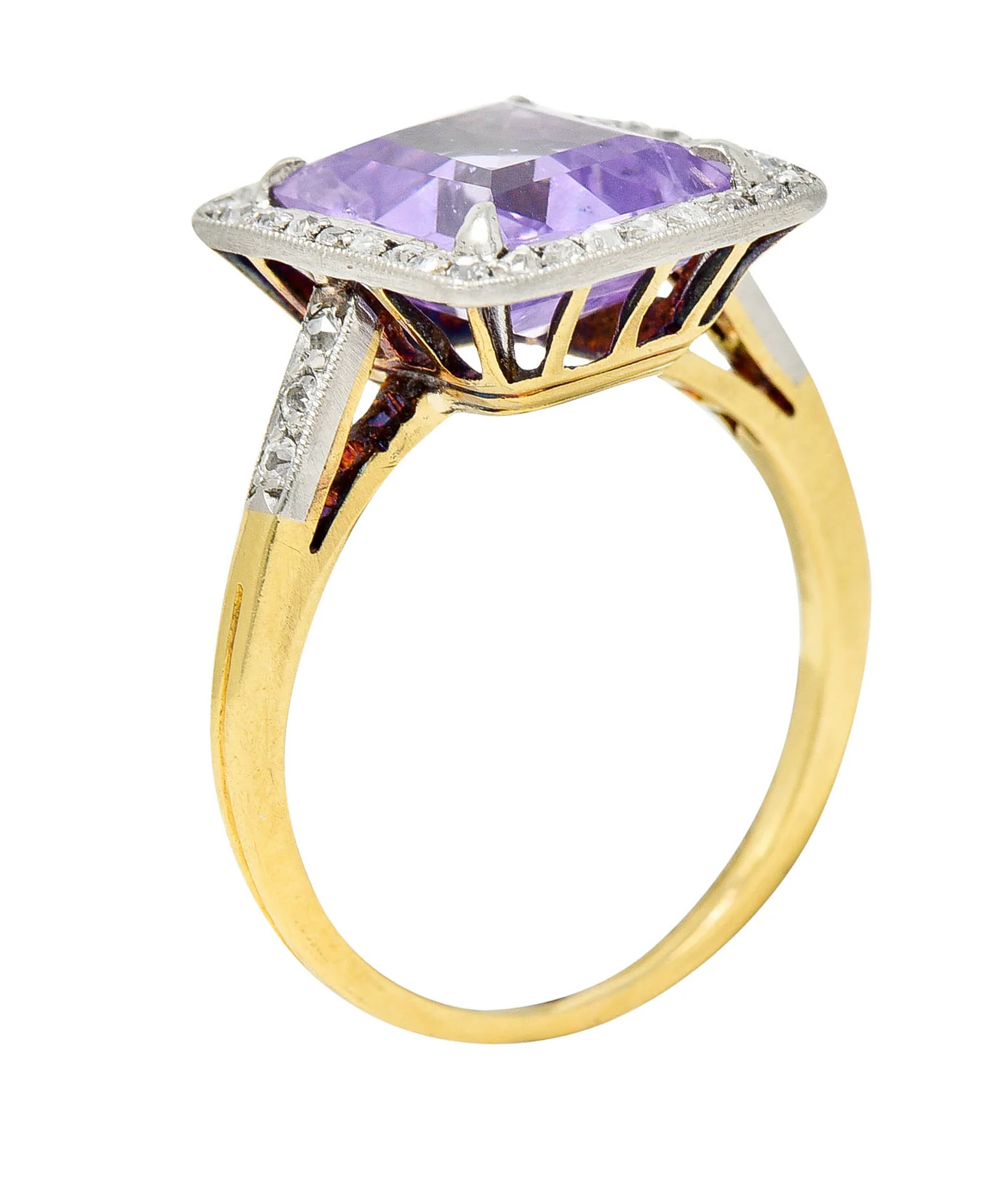 French Edwardian 5.24 CTW No Heat Lavender Sapphire Diamond Platinum 18 Karat Gold Antique Ring - Image 8