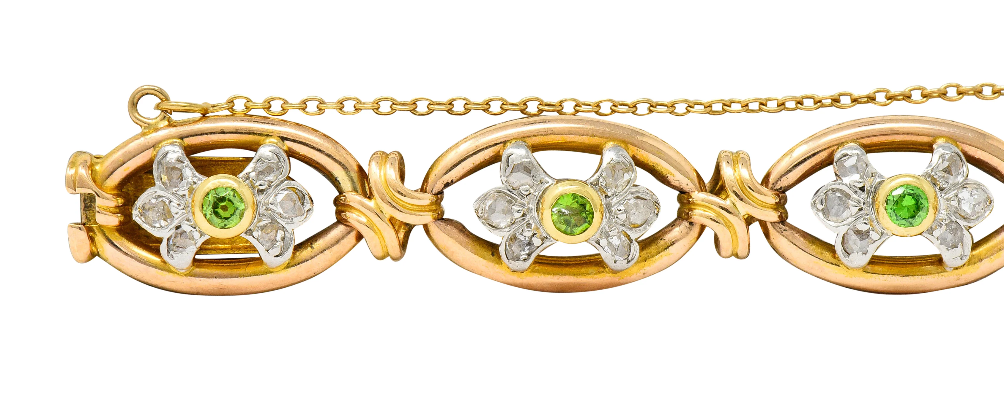 French Edwardian Demantoid Garnet Diamond Platinum-Topped 18 Karat Gold Link Bracelet - Image 2