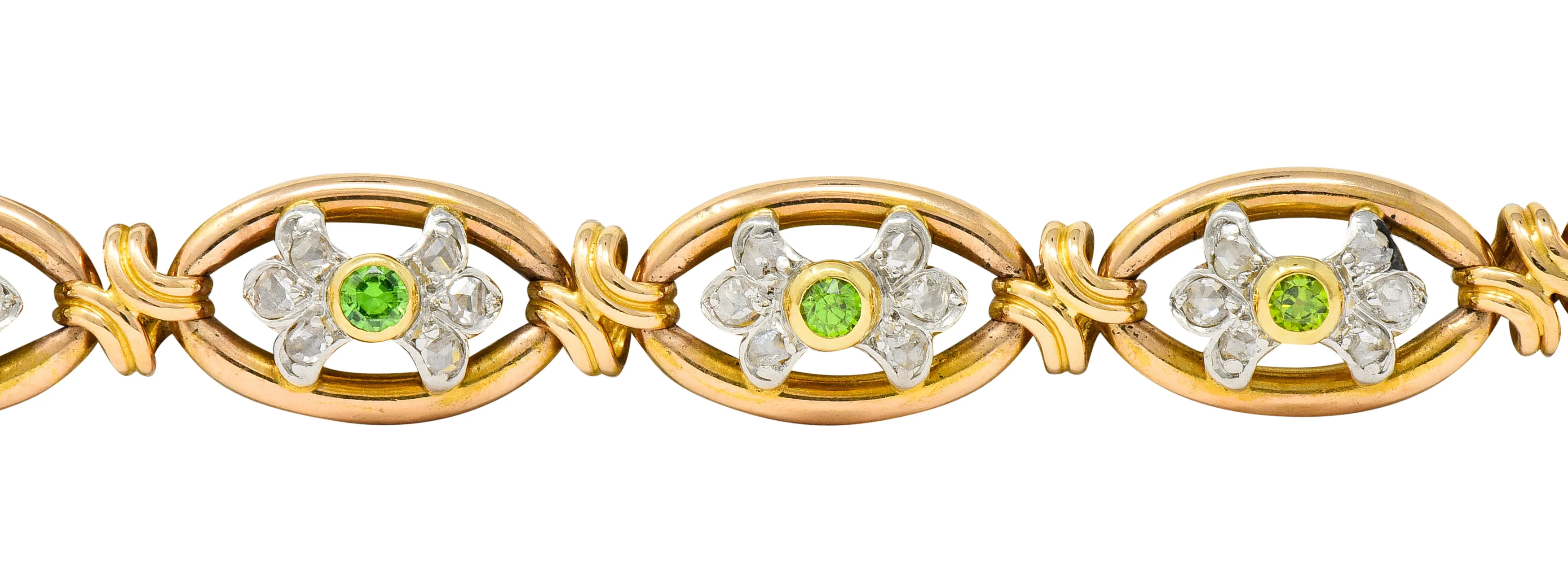 French Edwardian Demantoid Garnet Diamond Platinum-Topped 18 Karat Gold Link Bracelet - Image 3