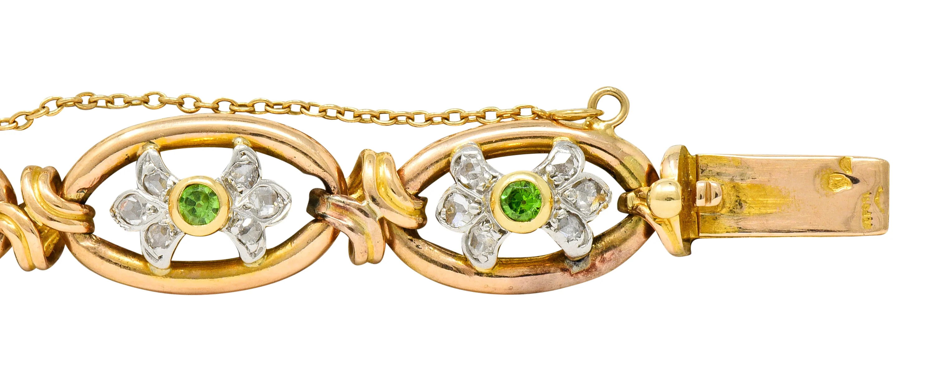 French Edwardian Demantoid Garnet Diamond Platinum-Topped 18 Karat Gold Link Bracelet - Image 4