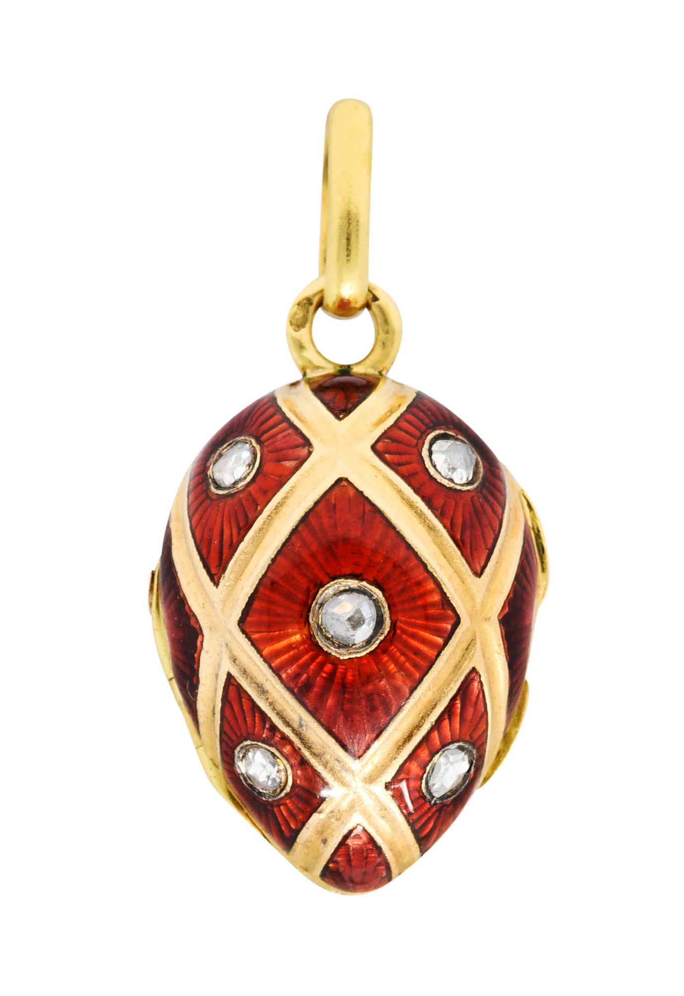 French Guilloche Enamel Rose Cut Diamond Egg Locket Charm