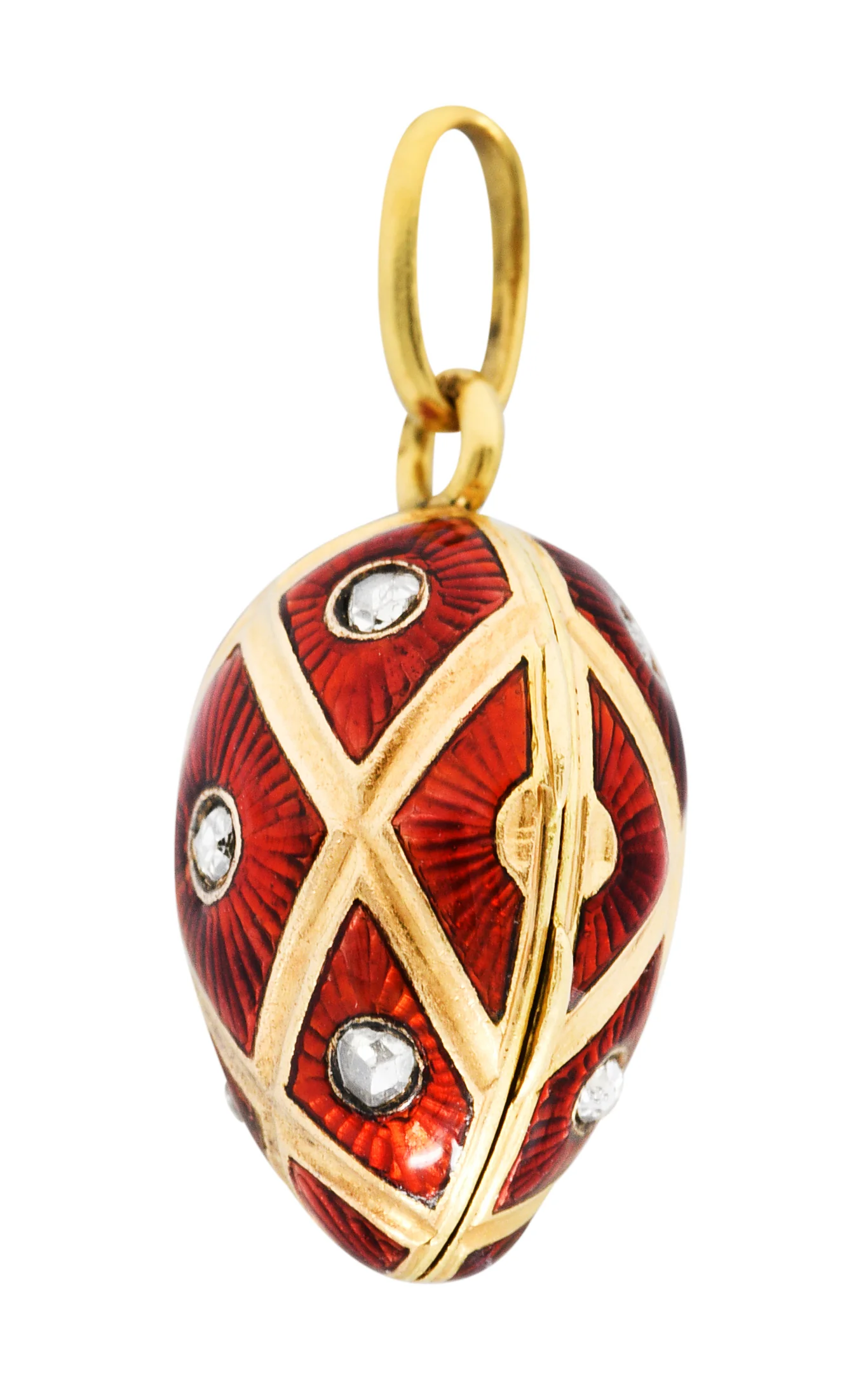 French Guilloche Enamel Rose Cut Diamond Egg Locket Charm - Image 10