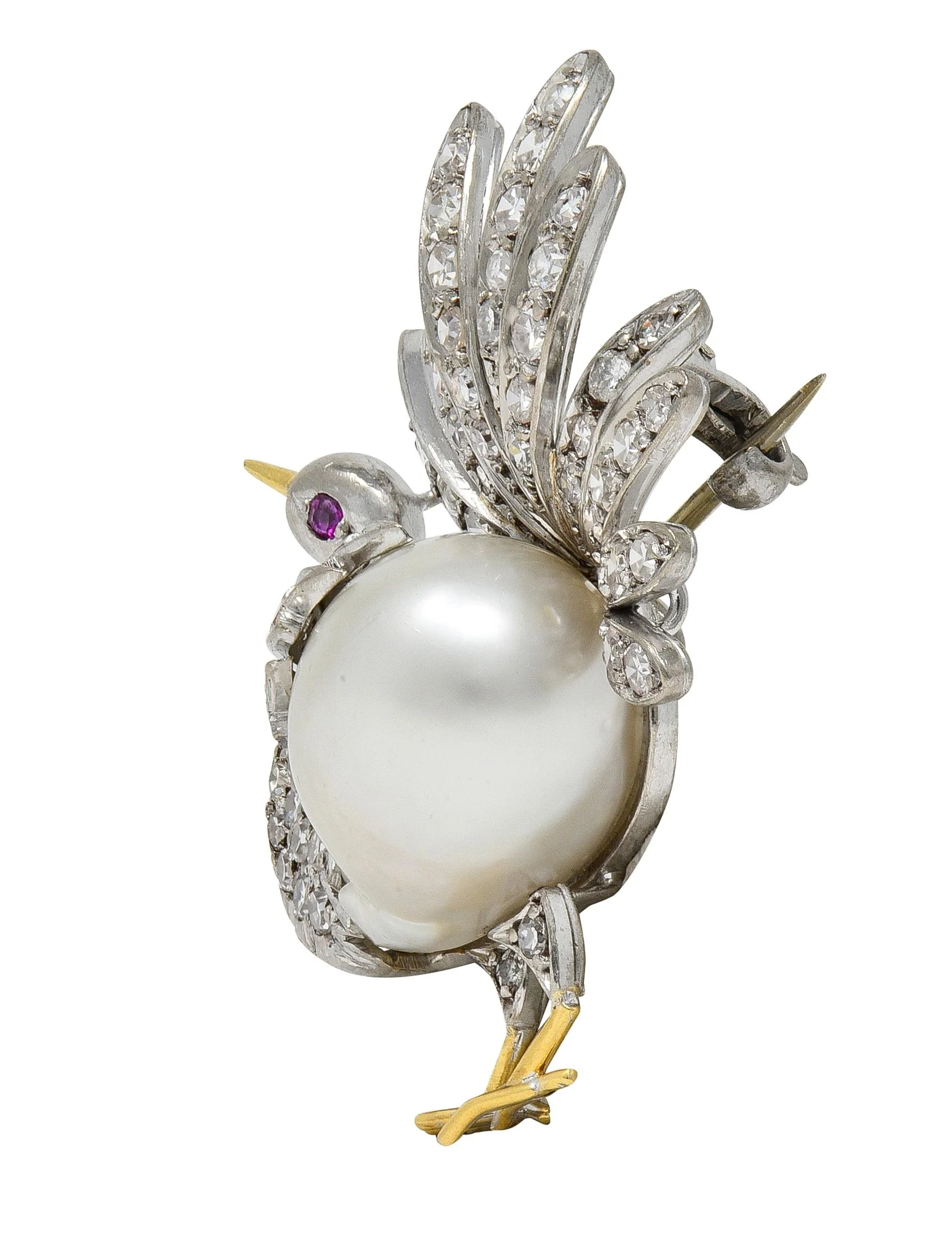 French Pearl Diamond 18 Karat Two-Tone Gold Vintage Turkey Brooch - Image 3