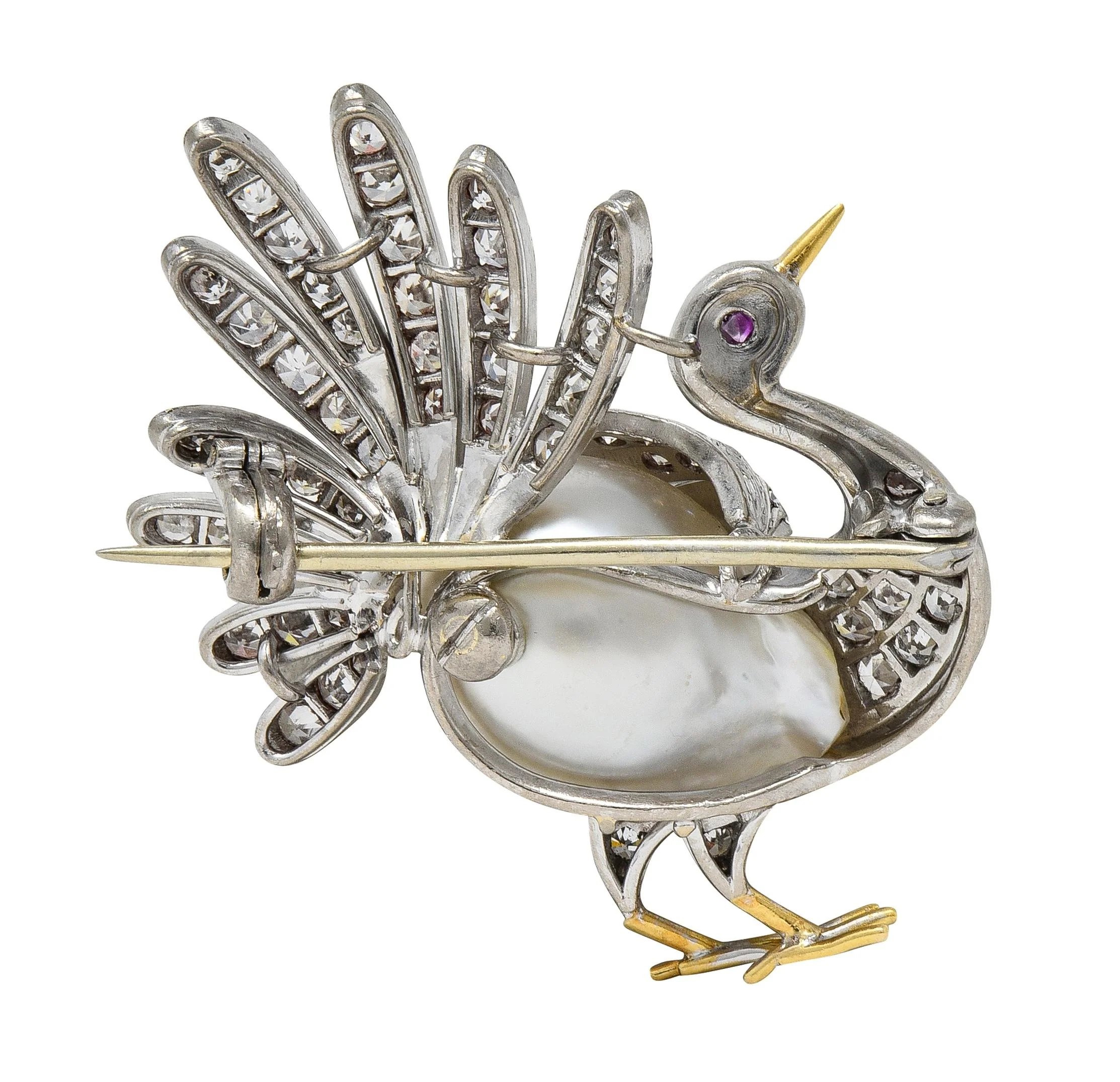 French Pearl Diamond 18 Karat Two-Tone Gold Vintage Turkey Brooch - Image 4