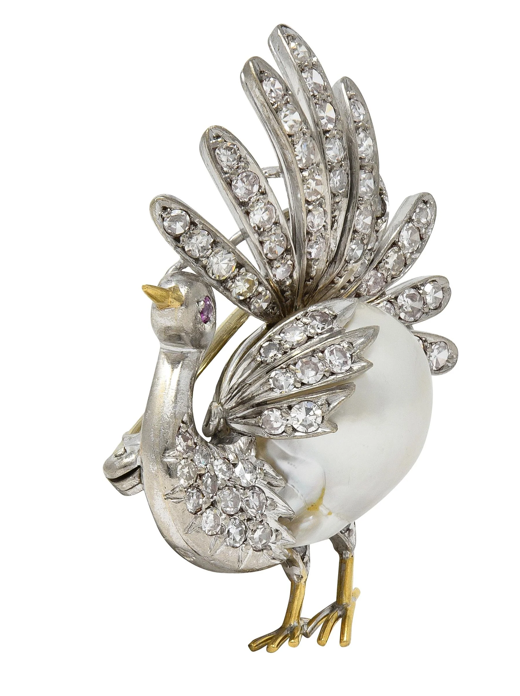 French Pearl Diamond 18 Karat Two-Tone Gold Vintage Turkey Brooch - Image 5
