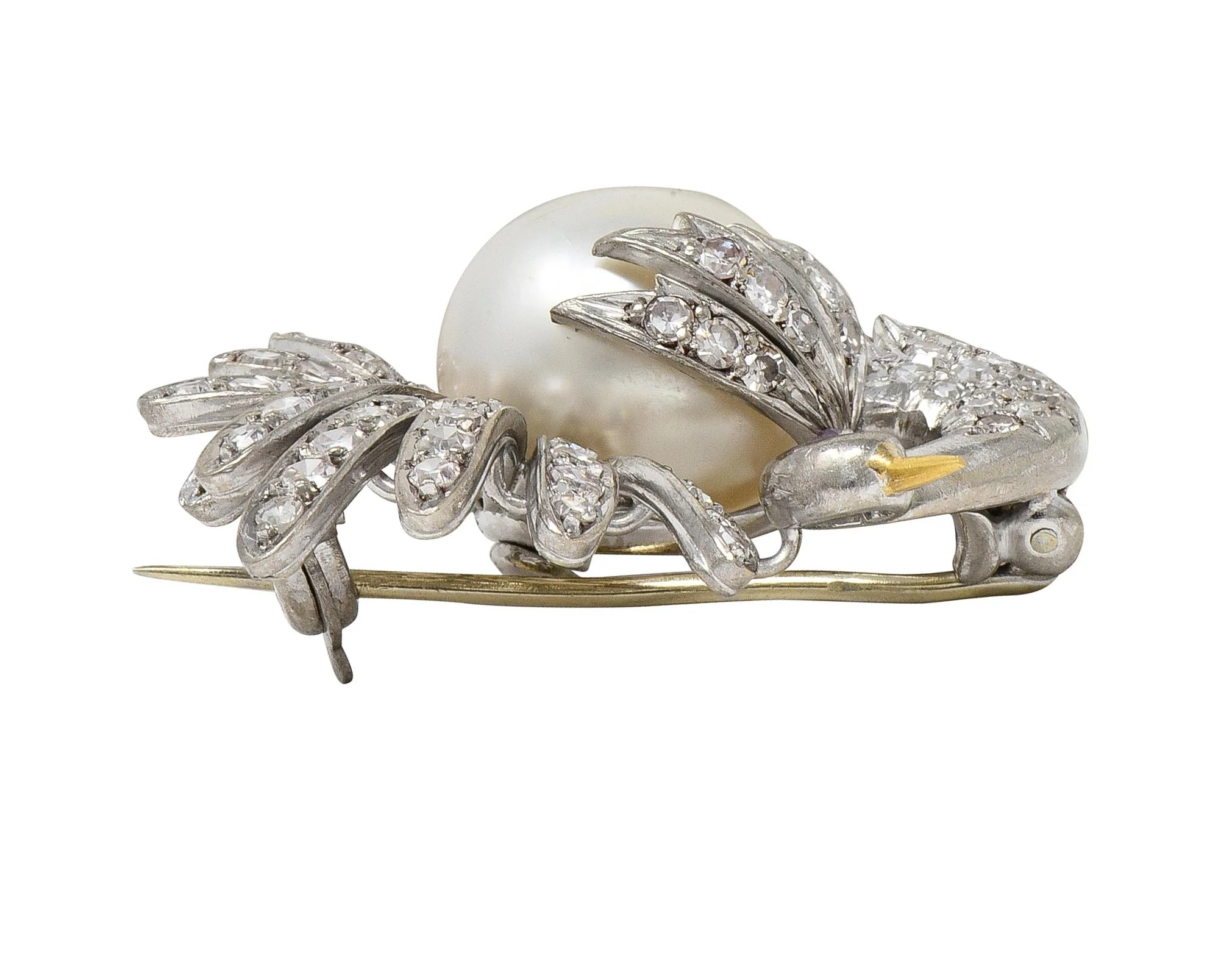 French Pearl Diamond 18 Karat Two-Tone Gold Vintage Turkey Brooch - Image 6