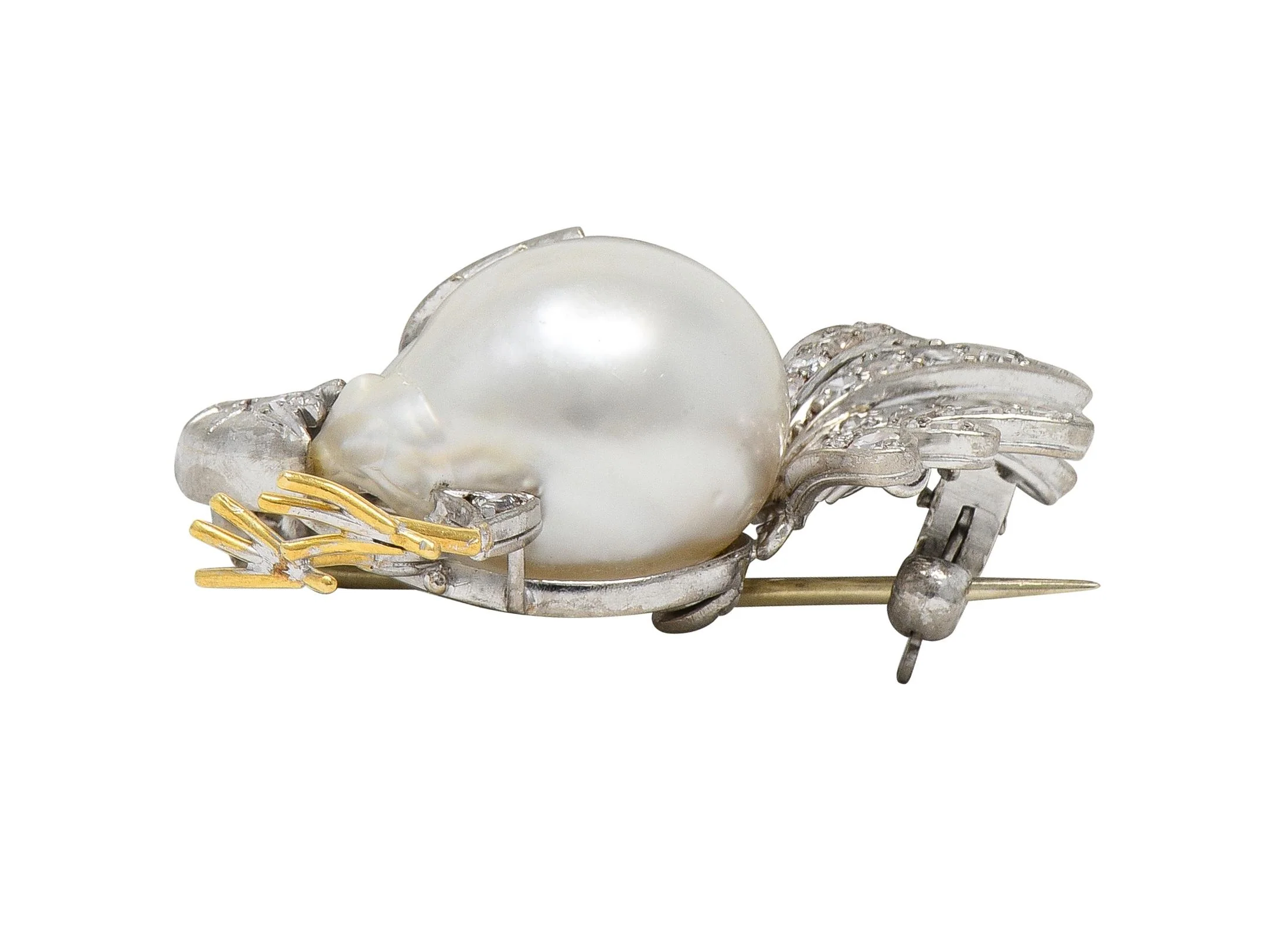 French Pearl Diamond 18 Karat Two-Tone Gold Vintage Turkey Brooch - Image 7
